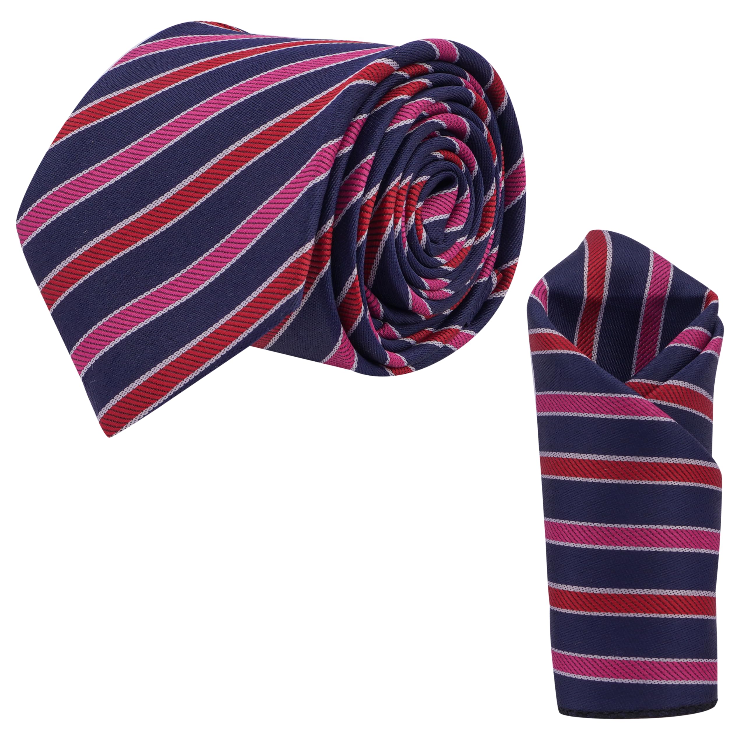 calixto Men's Striped Necktie Gift Set – Premium Woven Silk Finish Tie with Pocket Square in Elegant Gift Box – Navy, Red & Pink Stripe – Formal & Business Wear-picture-17