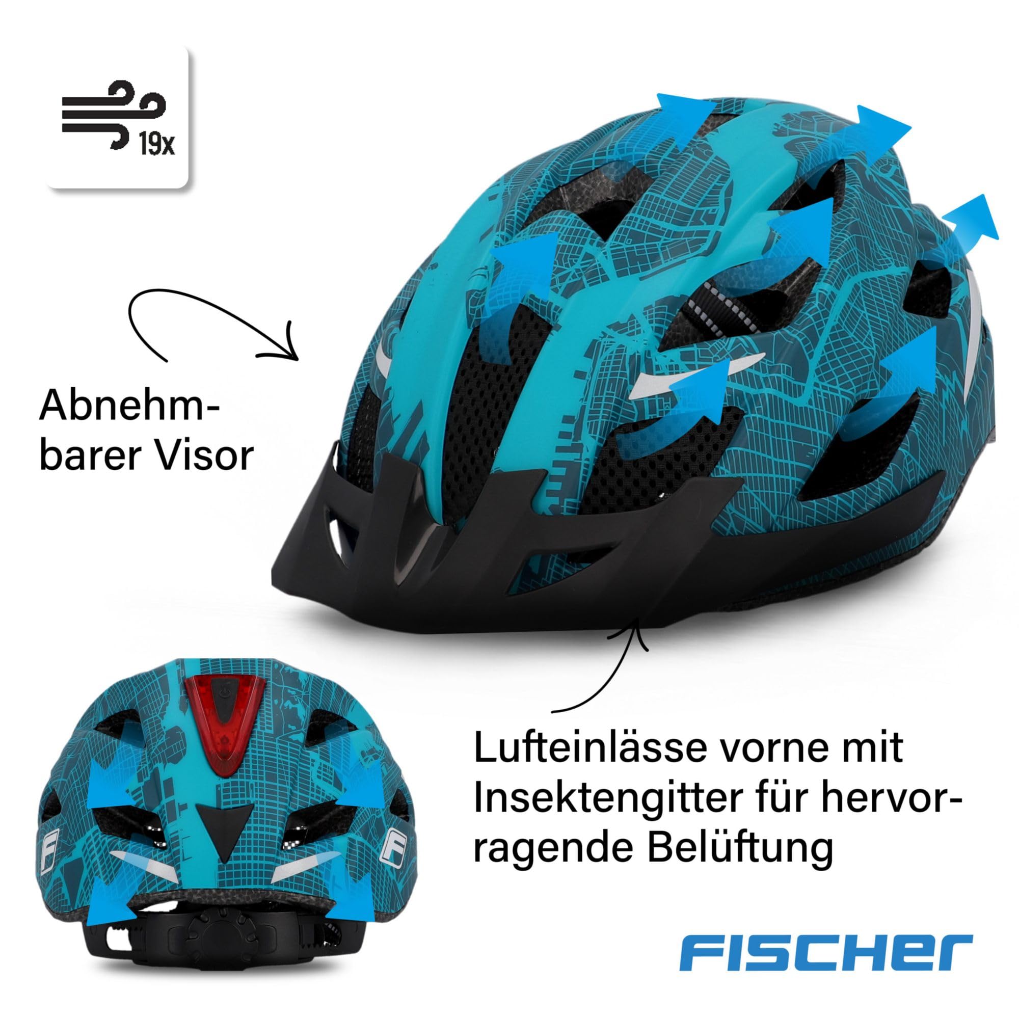 FISCHER Urban Plus NY - Casco de Ciclismo para Adultos (52-59 cm, con luz Trasera LED integrada), Color Azul