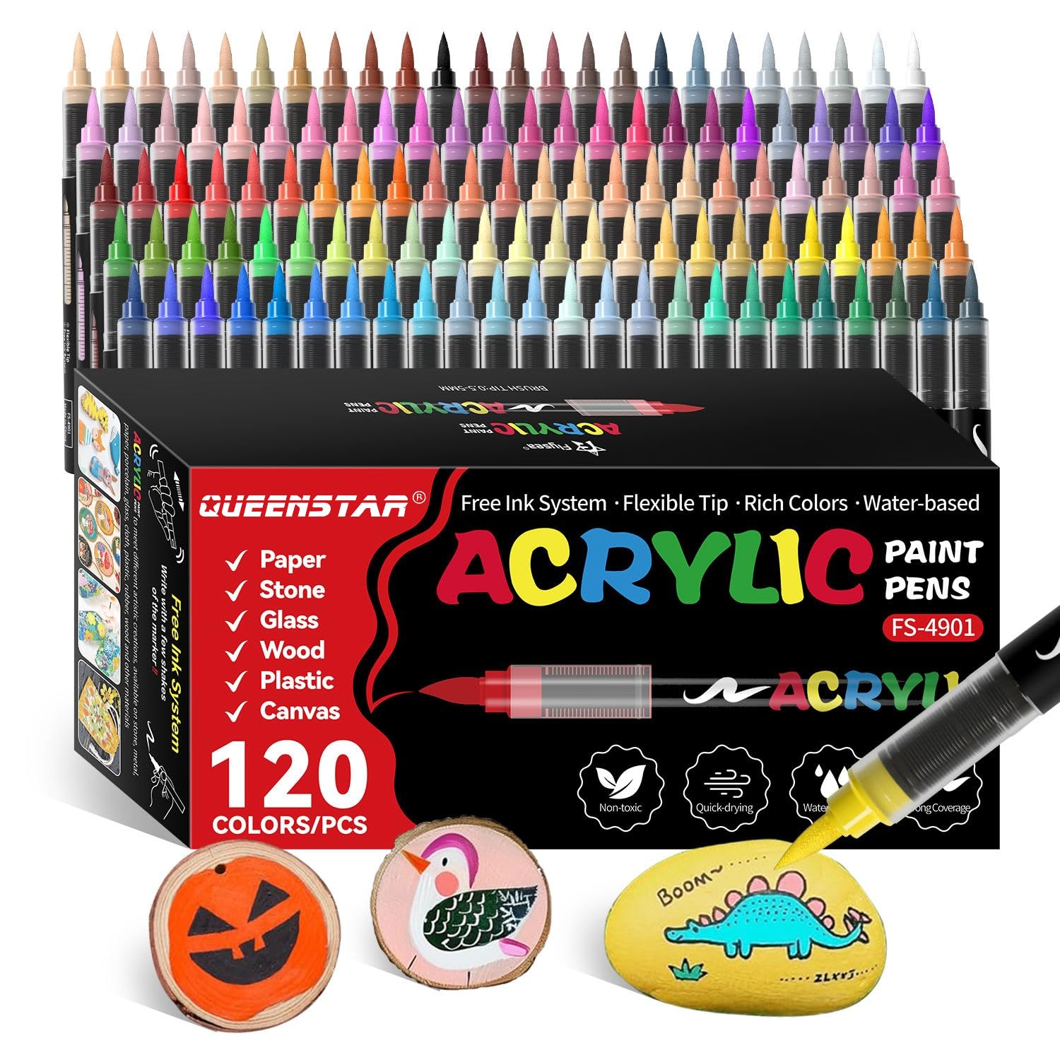 Acrylic Paint Markers Brush Tip, Vivid Colors with Direct-Liquid Ink System, Professional-Grade Paint Pen for Rock Painting, Canvas, Glass, Plastic, Fabric & Creative Crafts (120 Pieces)