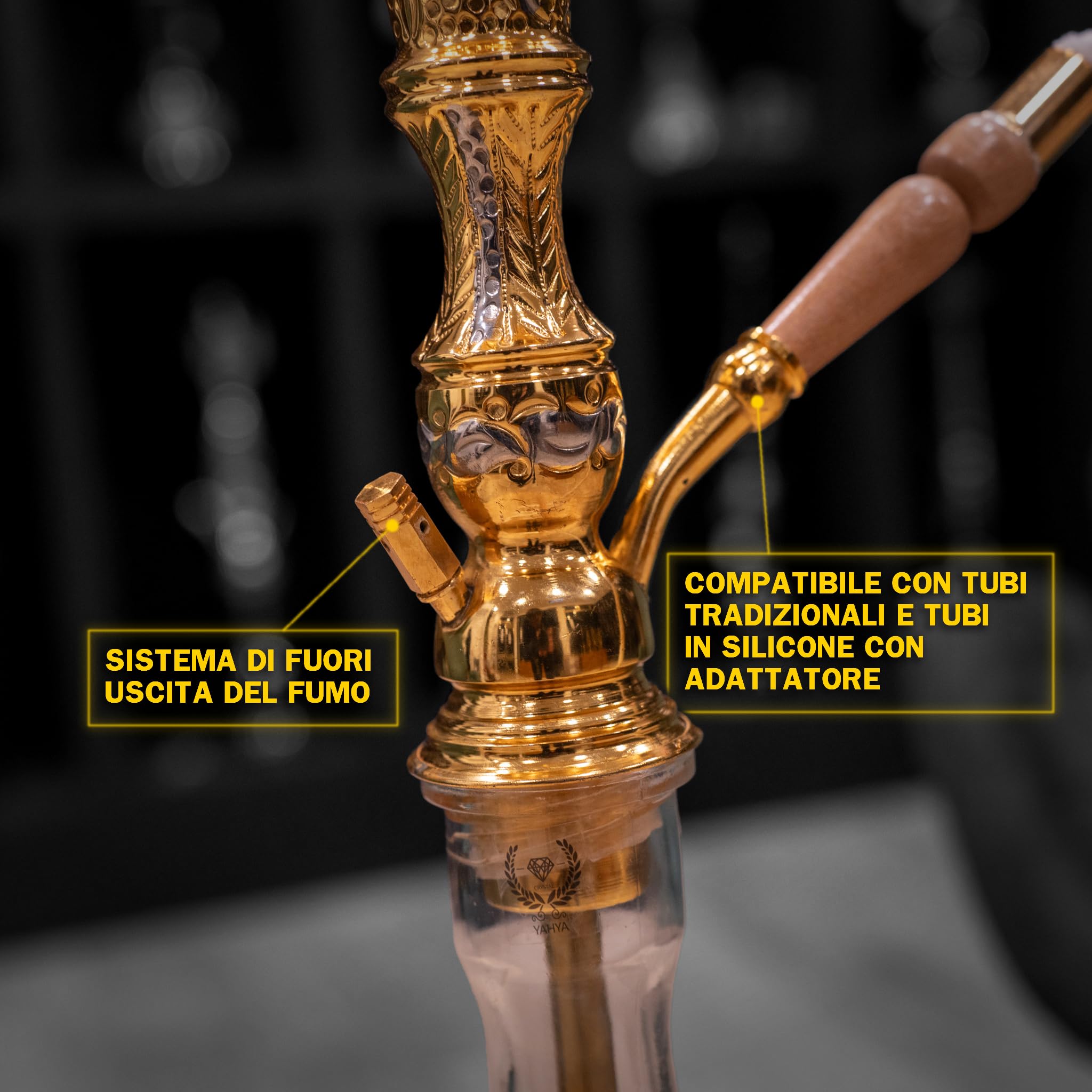 Cachimba Tradicional Al Zahra 60 cm | Latón Brillante, Cazoleta de Arcilla, 1 kg Carbón Cocobration 27mm, Porta Carbón, 50 Boquillas Higiénicas y Accesorios Completos para Shisha y Hookah