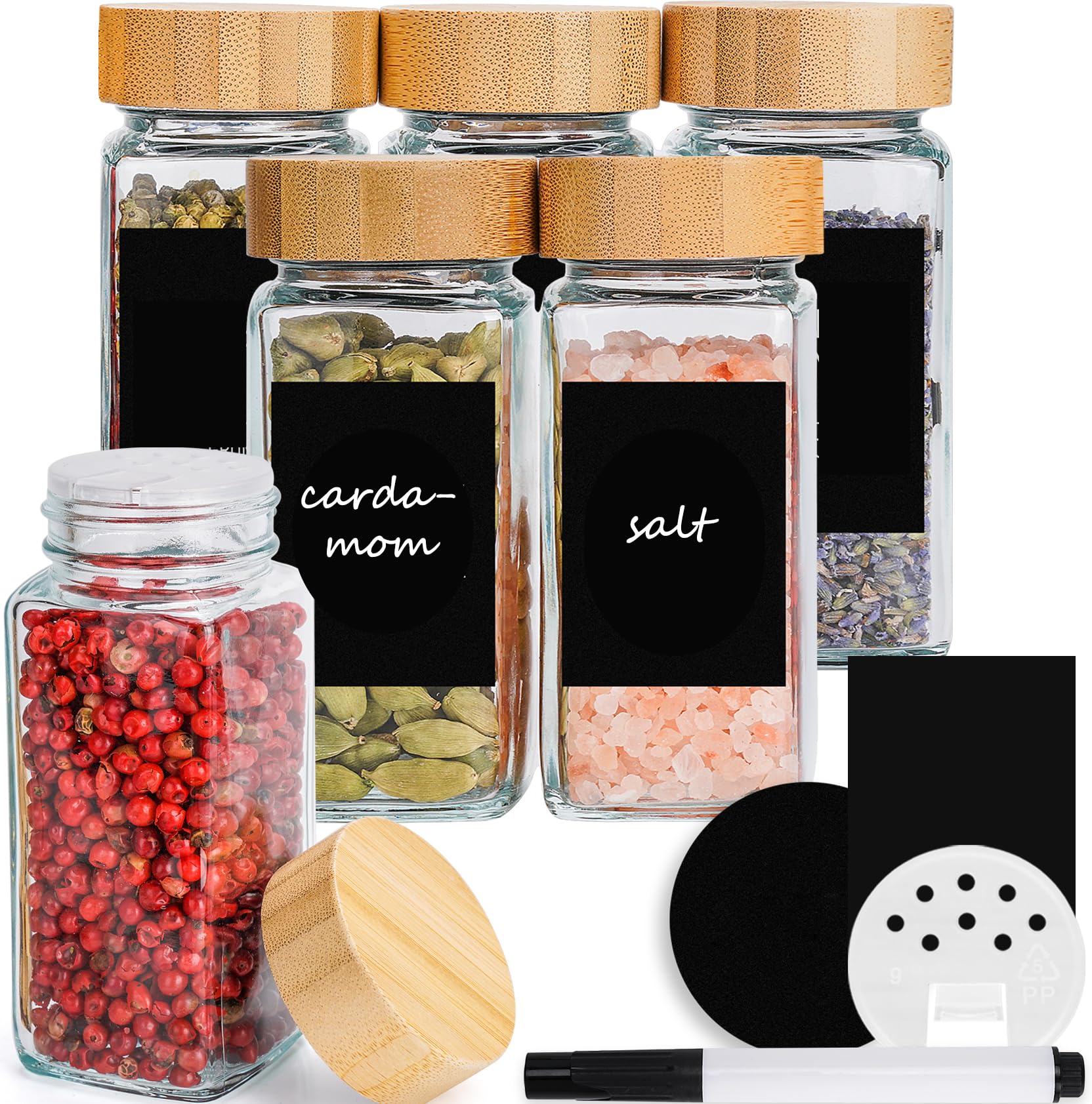 Happy Lemuro Square spice jars 120ml [set of 6] spice jars with shaker insert, bamboo lids, labels in black | spice container set, spice storage, spice jars