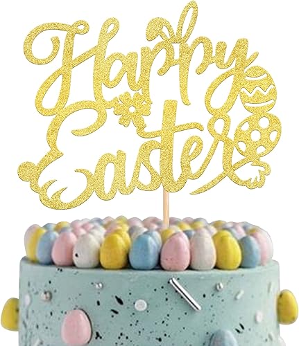 Rsstarxi 1 paquete de decoración de pastel Happy Easte, orejas de conejo con purpurina dorada, decoración de huevos de Pascua, para conejito,