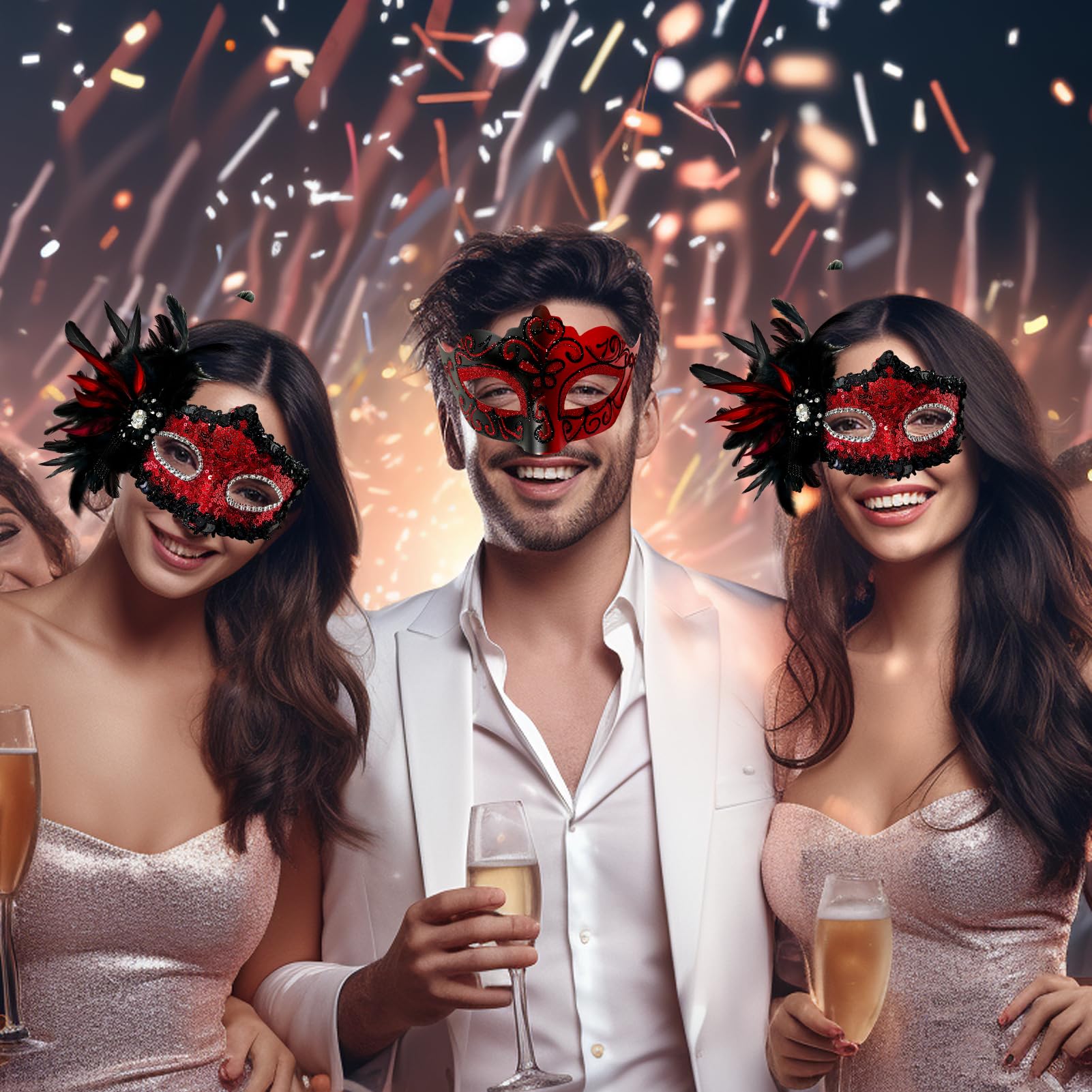 Allruyee 2025 New Masquerade Mask for Couple - Masquerade Mask Women with Feathers & Venetian Mask Men for Mardi Gras Party(Red) - Image 4