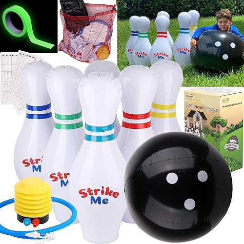 Miniatura 7 de Juego de bolos inflable gigante para niños, 6 bolos inflables gigantes de 27 pulgadas, 1 bola de boliche de 24 pulgadas, cinta brillante, 1 bomba de