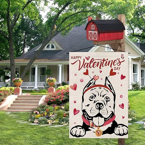 Miniatura 5 de Bandera de jardín para el día de San Valentín, banderas de perro Pitbull para exteriores, amor, corazón, aniversario, boda, fiesta, hogar, arpillera