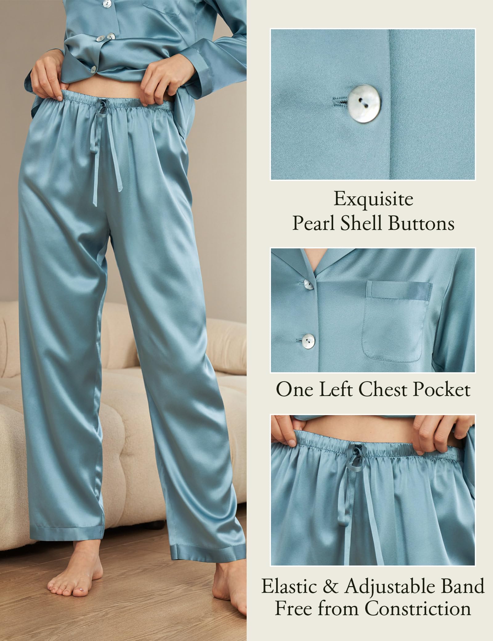 LilySilk Damen 100% Reiner Seide Pyjama-Set Frauen Luxus Langarm-Oberteil mit Knopfleiste und elastischer Unterteil-Loungewear-Schlafanzug