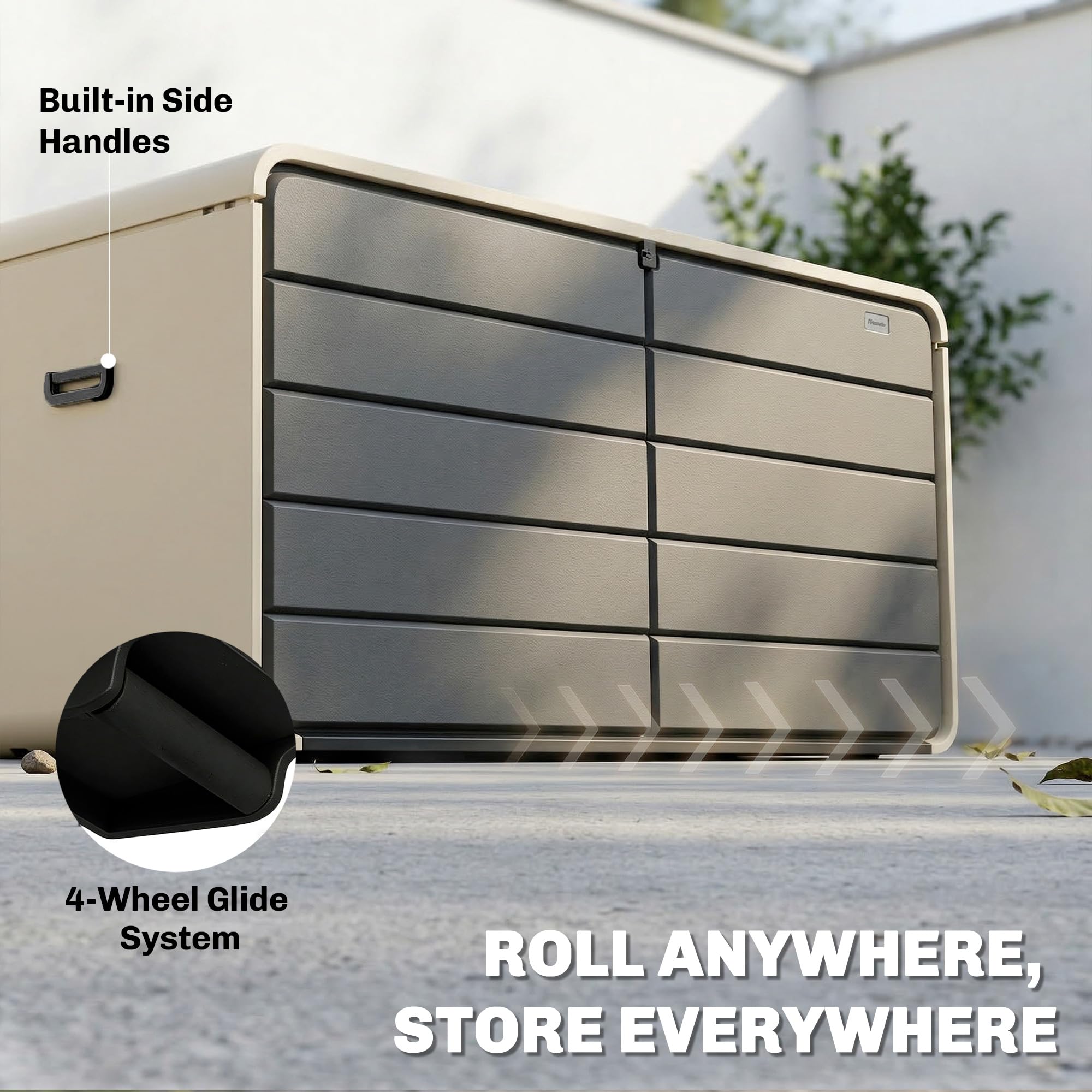 Outsunny 200 Gallon Garden Storage Box, HDPE Deck Box with Wheels, Lockable Lid, Pneumatic Gas Rods and Side Handles, Outdoor Patio Storage Container for Garden Tool, Beige & Grey - 5
