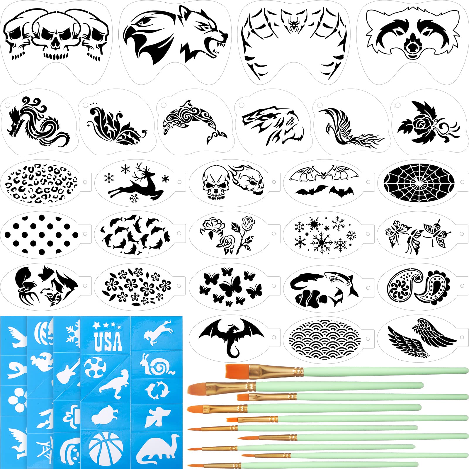 42 Pcs Face Paint Stencils Kits Includes 28 Reusable Facial Painting Stencils with 4 Stickers 10 Painting Brushes Plastic Tattoo Painting Templates for Kids Halloween Party Makeup (Cool Style)