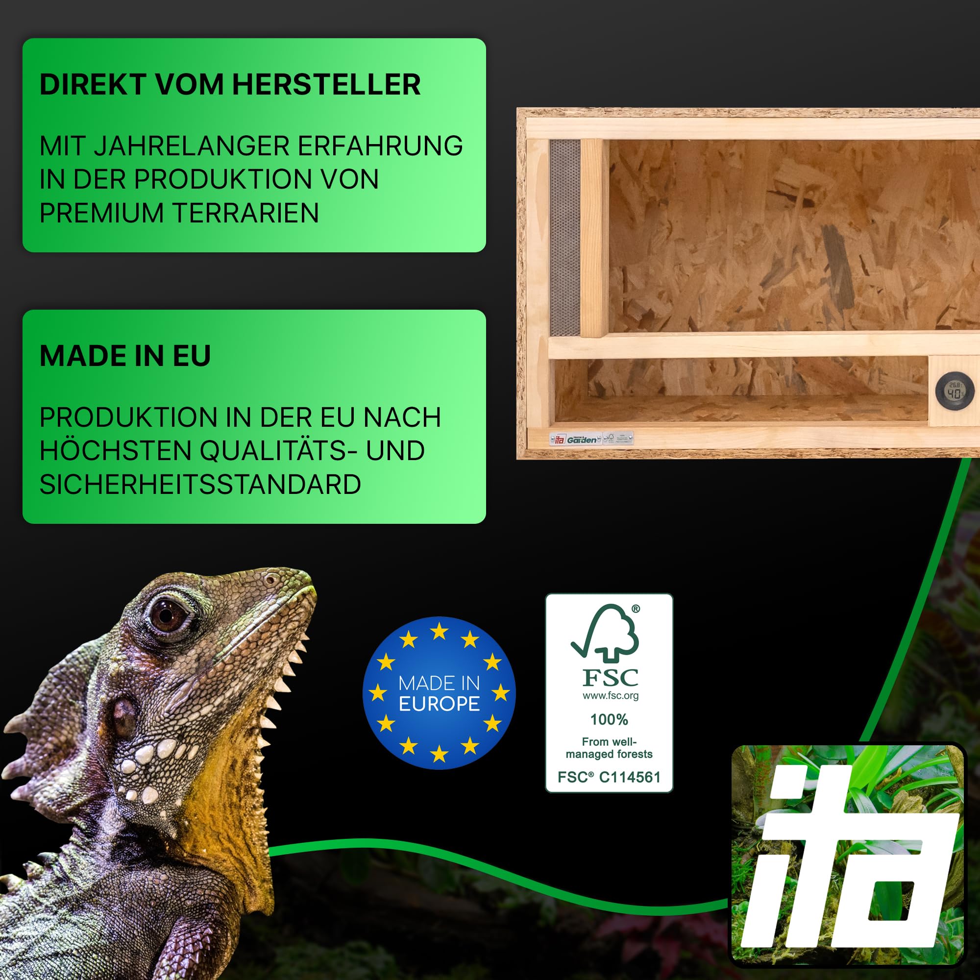 ITA Holz Terrarium 100x50x40 cm mit Frontbelüftung & Integriertem Hygrometer - Holzterrarium aus OSB-3 Platten - Terrarien für Reptilien, Schlangen, Amphibien - EU Produkt, FSC Zertifiziert