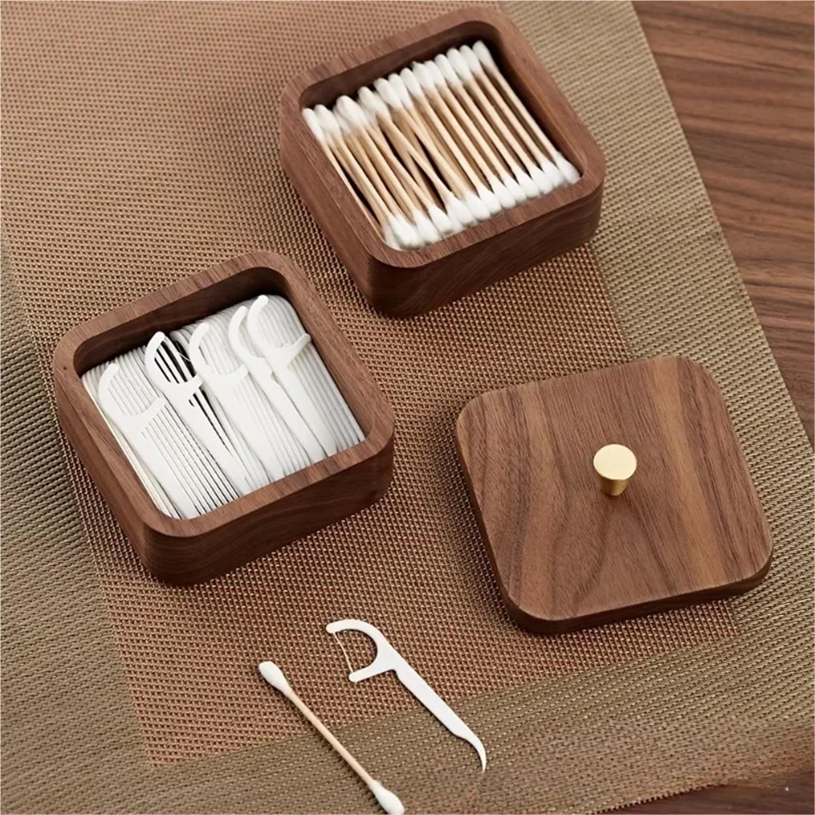 Zahnstocher Box Zahnseide-Box aus schwarzem Walnussholz, doppelte Aufbewahrung, Haushalt, Zahnstocher, Wattestäbchen, Schmuck(1 Layers)