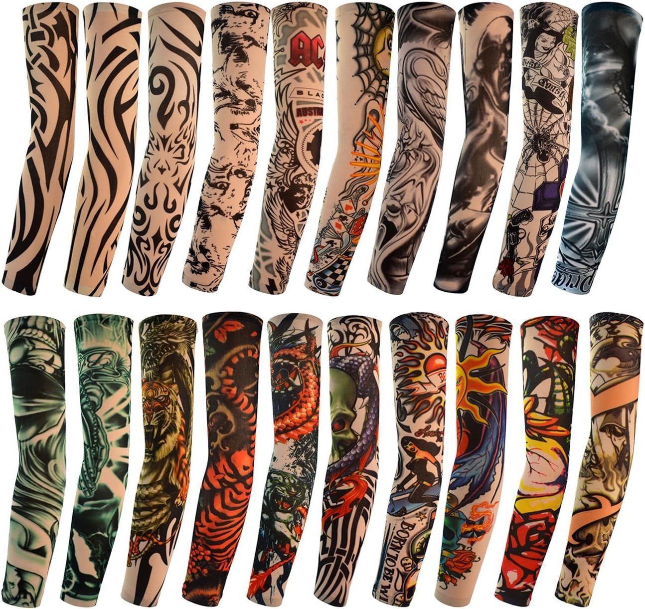 Frost Shop 20pcs Temporary Tattoo Arm Sleeves Arts Fake Slip on Arm Sunscreen Sleeves Body Art Stockings Protector -Designs Tribal, Tiger, Dragon, Skull, and Etc Unisex Stretchable Cosplay Accessories