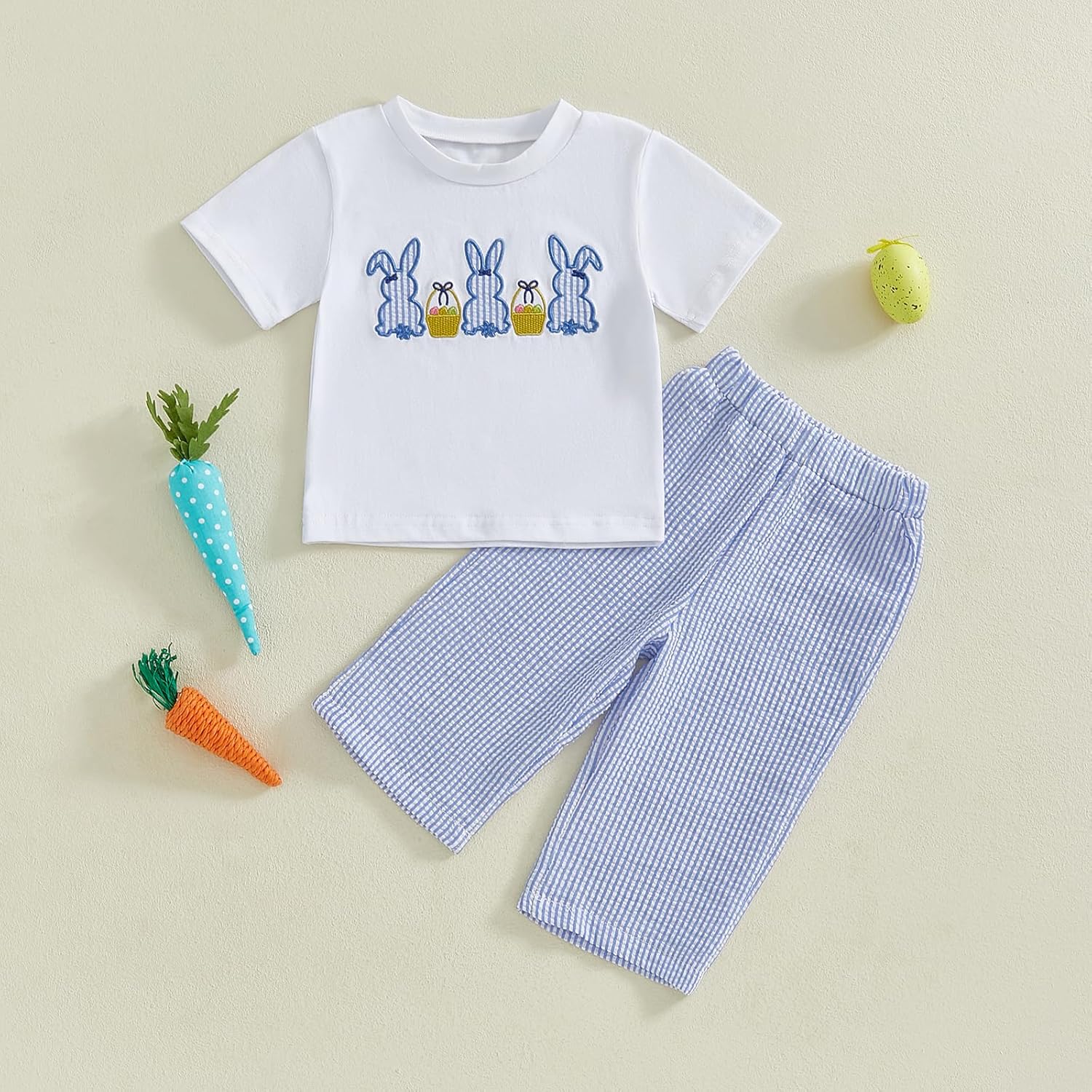 Easter Baby Boy Outfit Bunny Embroidery Short Sleeve T-Shirt Tops Plaid/Striped Pants Set Toddler Boy Easter Clothes - Image 2