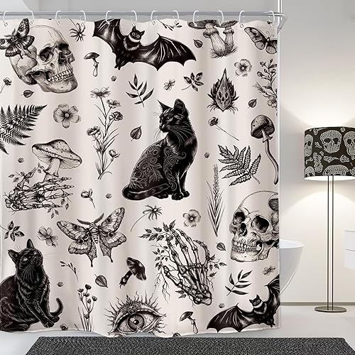 Homewelle Cortina de ducha gótica con calavera, polilla negra, gato, murciélago, bruja, estilo gótico, vintage, hongos, flores, plantas, hojas, 60