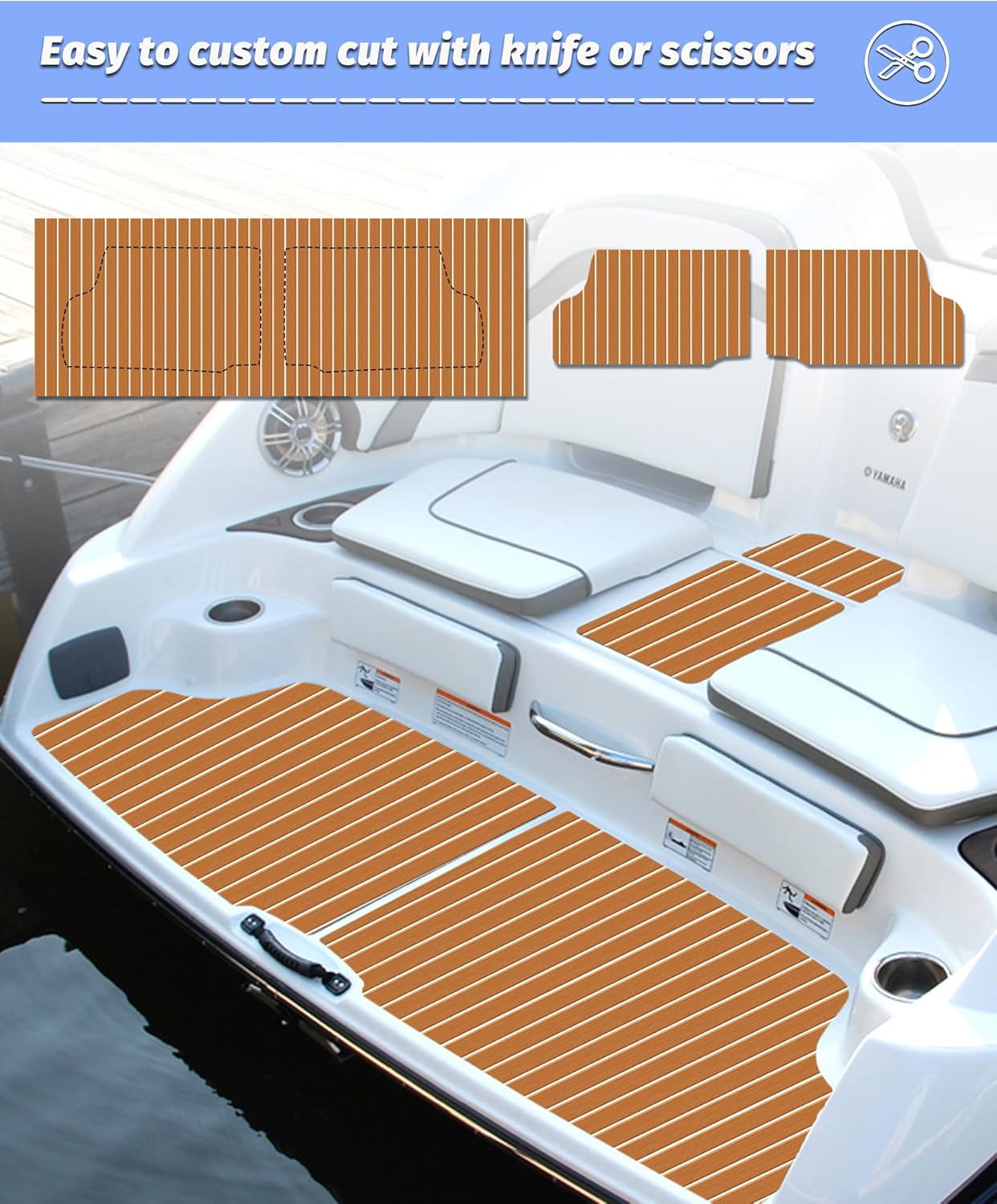 KXKZREN EVA Foam Boat Decking with 3M Adhesive Backing - Strong Self-Adhesive Faux Teak Flooring Sheet 94.5" x 47.2"/35.4"/11.8" Anti-Slip Marine Mats for Motorboat Jon Boats Yacht Kayak