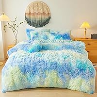 Vista 11 de Besfunny Juego de funda de edredón de pelo Shaggy ultra suave en color azul claro tamaño Queen – Juego de ropa de cama de 3 piezas de pelo sintético