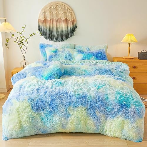 Miniatura 120 de Juego de funda de edredón rosa esponjosa tamaño Queen – Juego de ropa de cama de felpa de pelo sintético rosa de 3 piezas