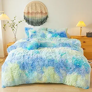 Plush Fluffy Tie Dye Mint Green Comforter Cover Twin Set – Faux Fur Plush Tie Dye Mint Green Bedding 2-Piece Set (1 Furry Duvet Cover + 1 Shaggy Pillow Sham) Cozy Bed Set