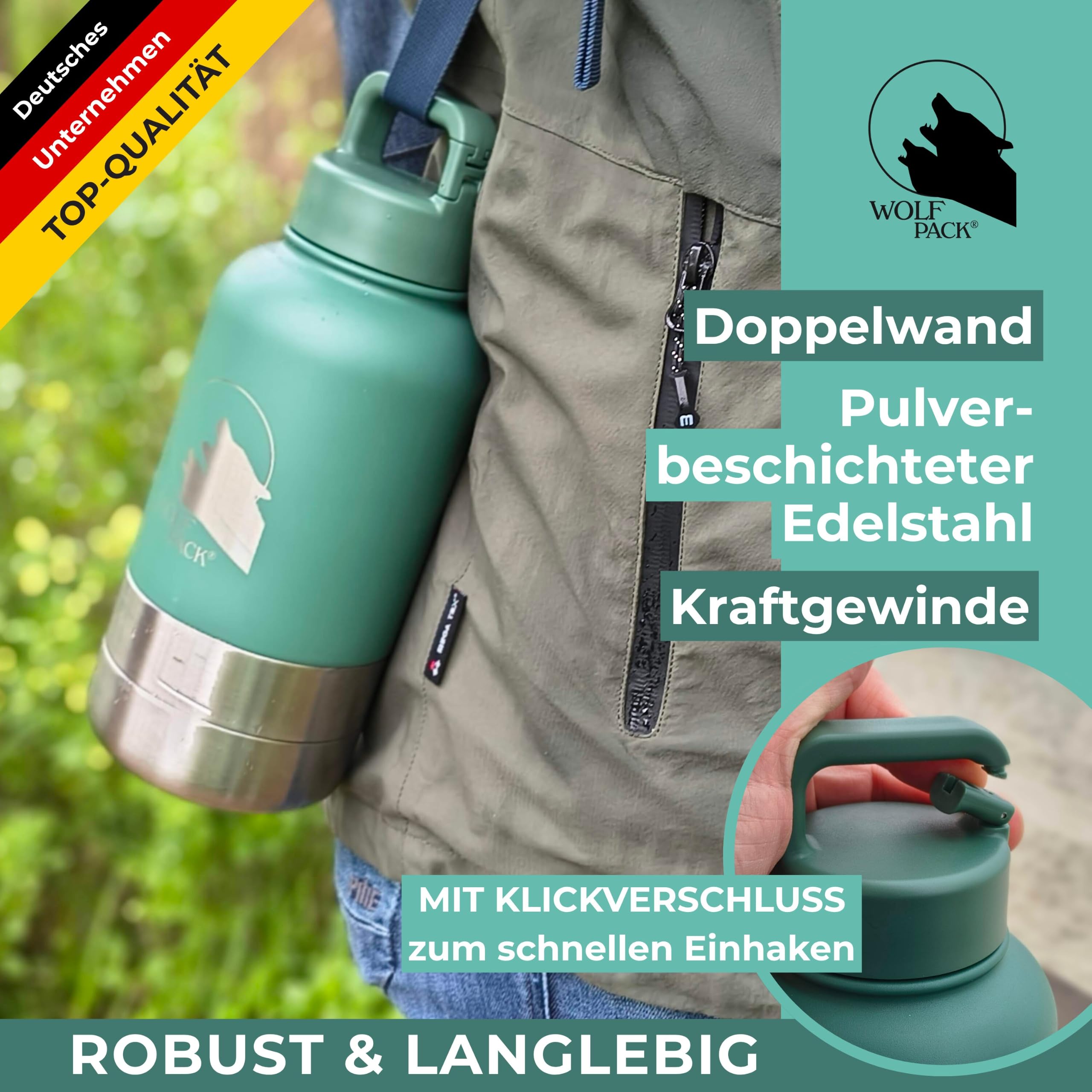 Wolf Pack Hydro Hundetrinkflasche für unterwegs – 1 L 3-in-1 Edelstahl-Trinkflasche mit 2 Hundenäpfen für Wasser und Futter, vakuumisoliert, auslaufsicher, BPA-frei, Karabiner