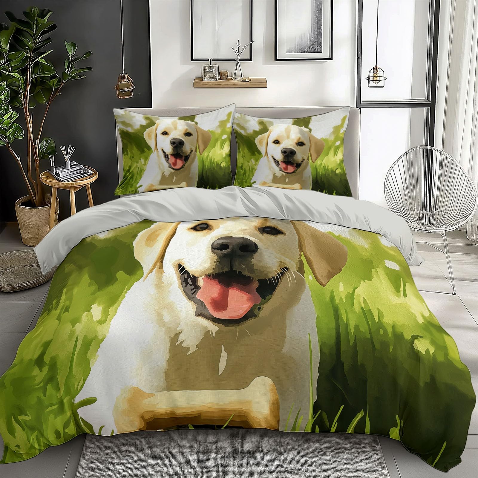 Green Duvet Cover Twin Size 2 Pieces Drawing Labrador Retriever, Bedding Room Decor Bedspread for Kids Teens, Comforter Quilt Cover Bedding Set with Pillow Sham