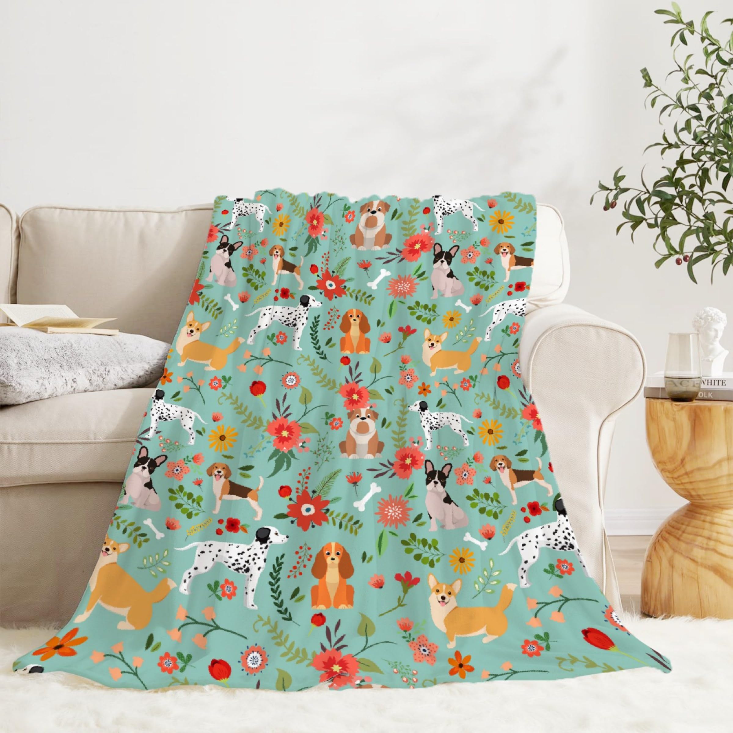 JOCASA Floral Dog Blanket Gifts Flannel Lightweight Soft Cozy Blankets Throws Bedding Kids Adult Couch Sofa Bedroom Camping Travel Girls Boys 90