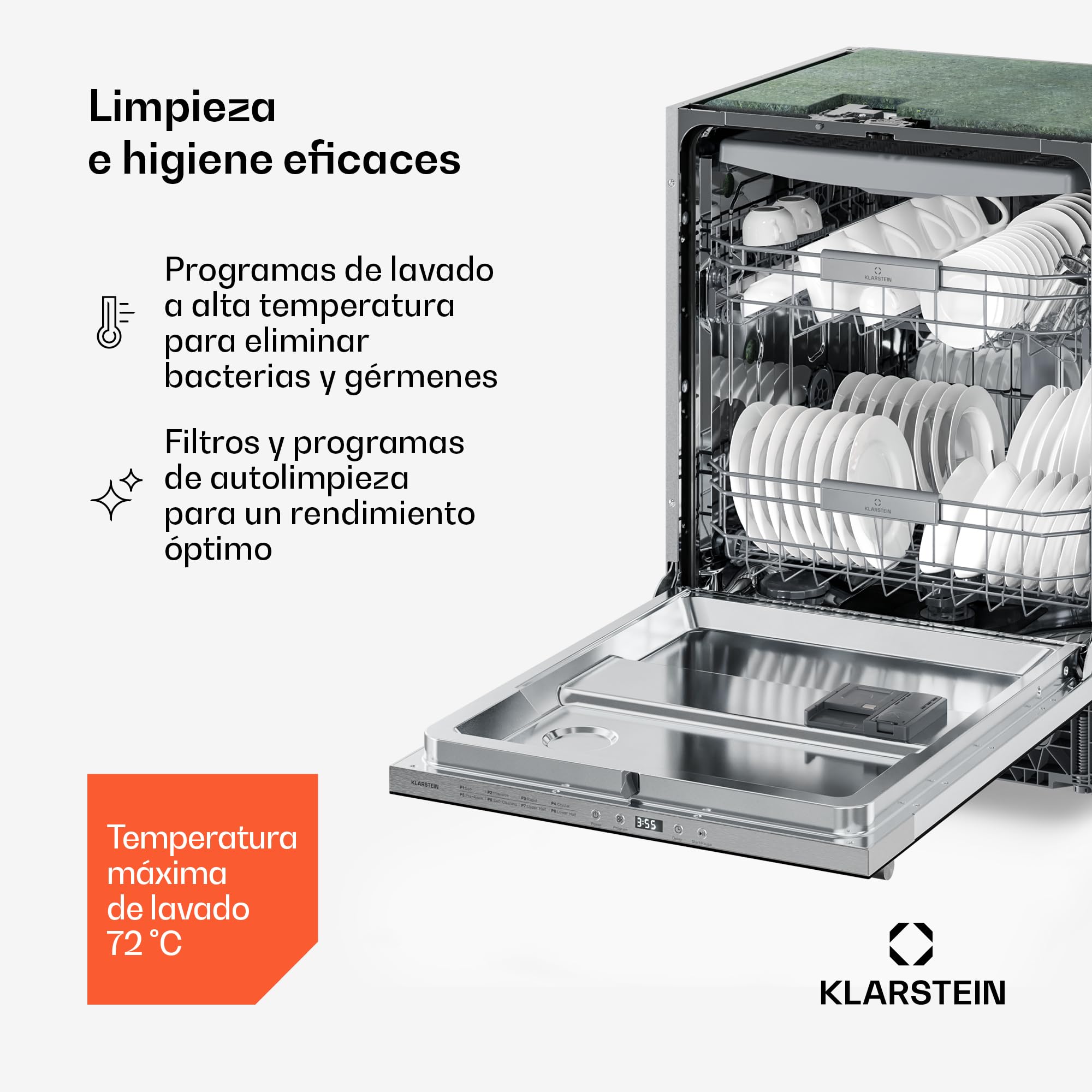 Lavavajillas integrable Luxara de Klarstein - Lavavajillas integrado para 14 cubiertos, 8 programas, protección antifugas AquaStop, lavado ecológico, bajo consumo de agua