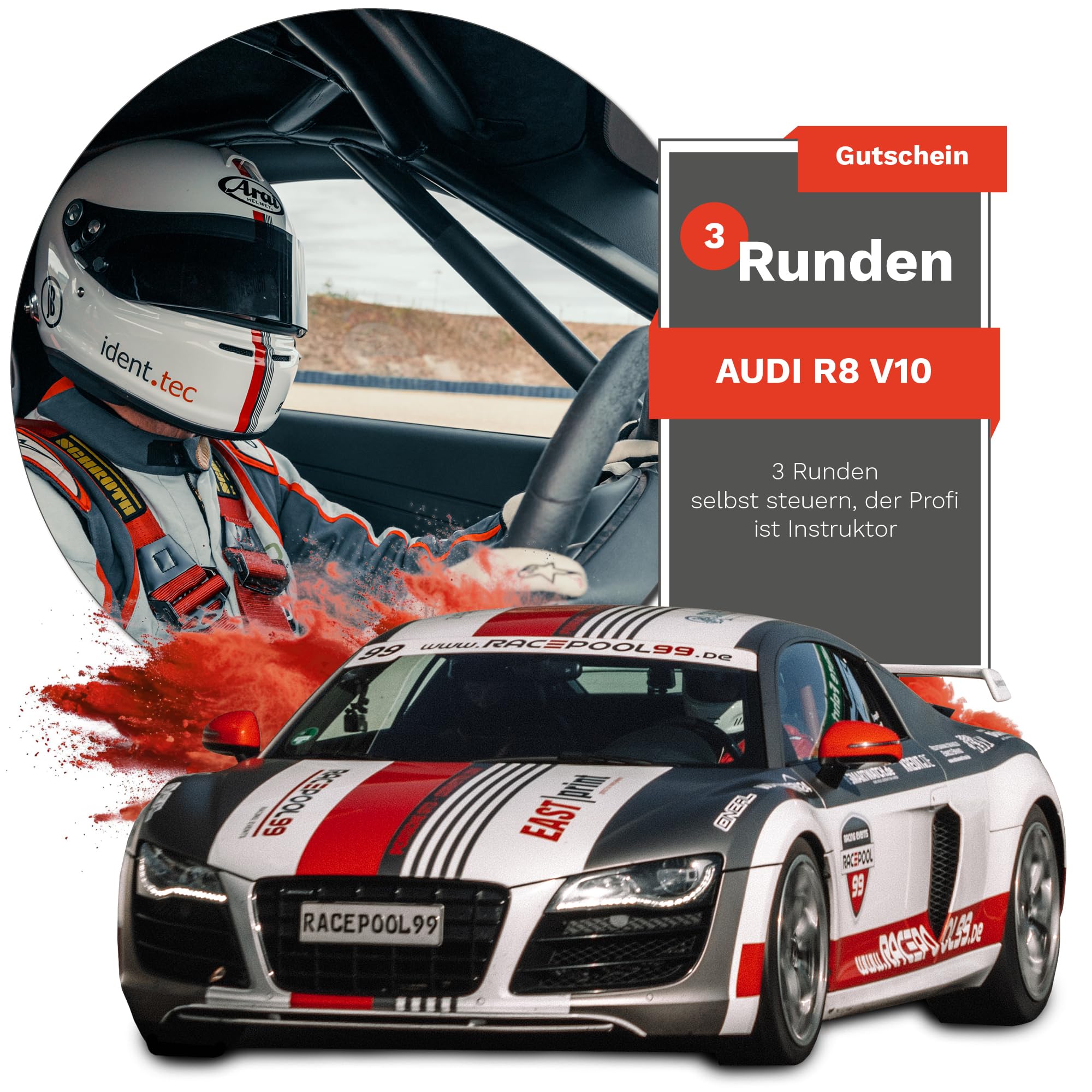 Racepool99® Experiencia Cupón – 3 vueltas de auto conducción en coche deportivo en pista de carreras/regalos para amantes de los coches/regalo para hombres y mujeres