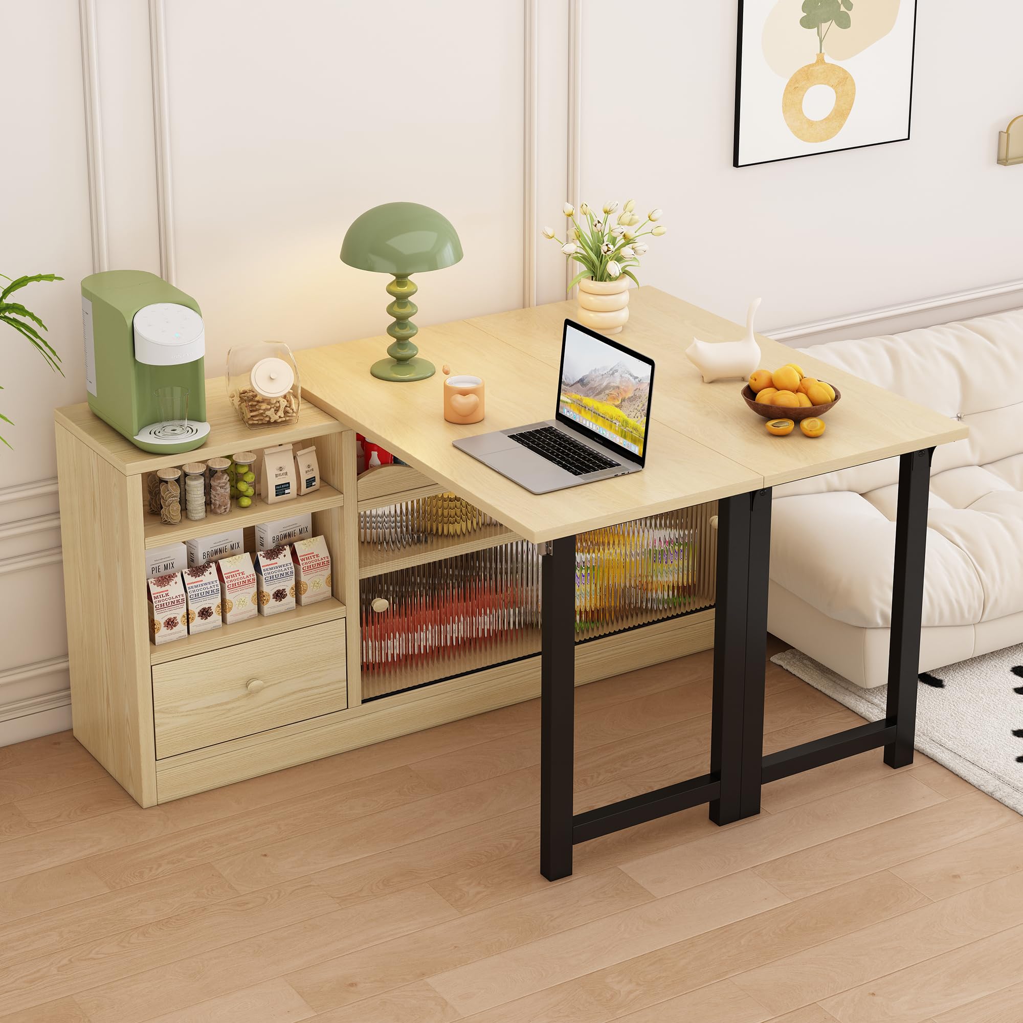 Ausziehbarer Klapp-Esstisch Mit Stauraum, 360° Drehbar, Moderner Faltbarer Tisch Mit Sideboard, Raumteilerschrank Und Große Aufbewahrung, 