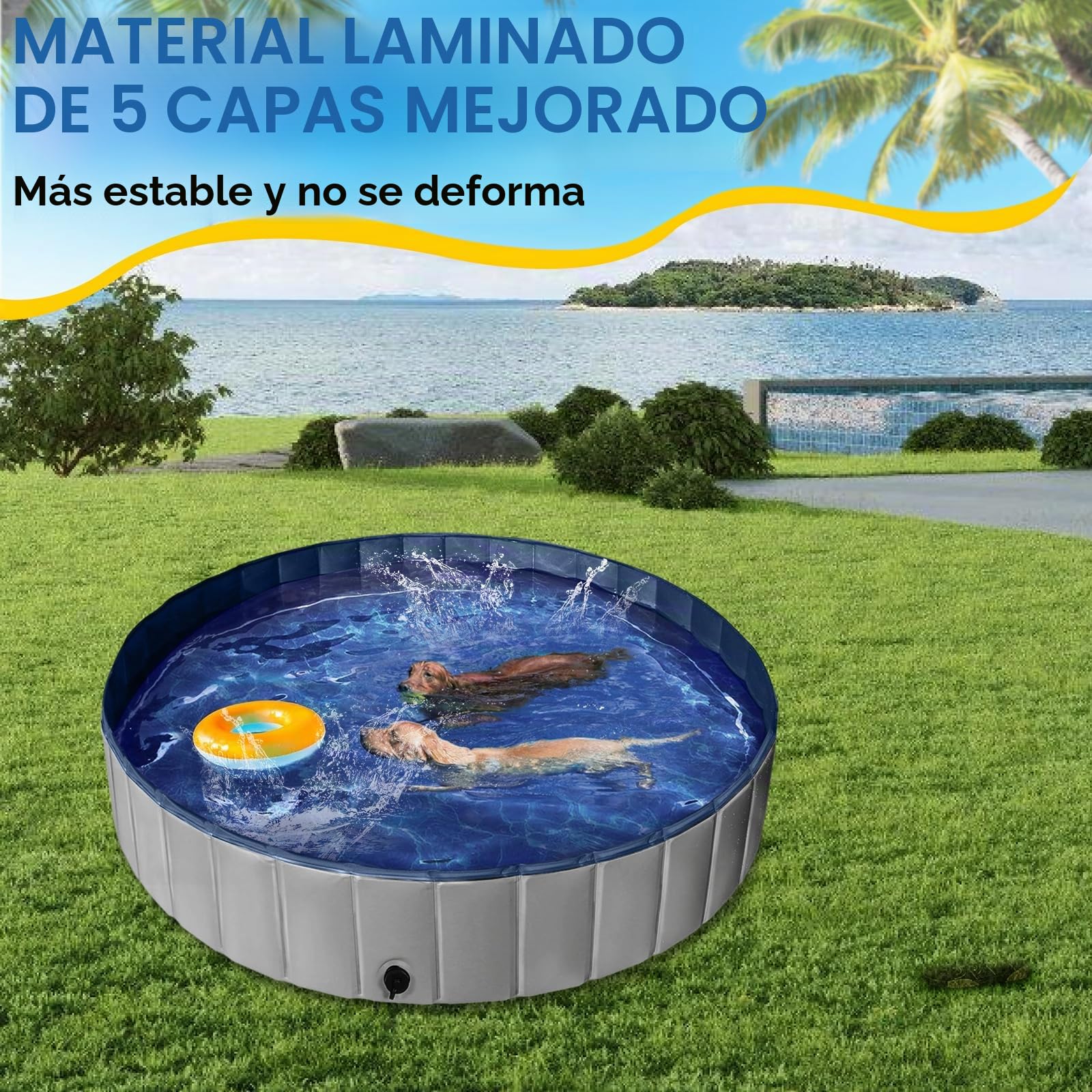 Piscina extragrande para perros de 160 cm, piscina plegable resistente para perros grandes, piscina antideslizante para mascotas con válvula de drenaje y 2 juguetes para masticar, piscina plegable