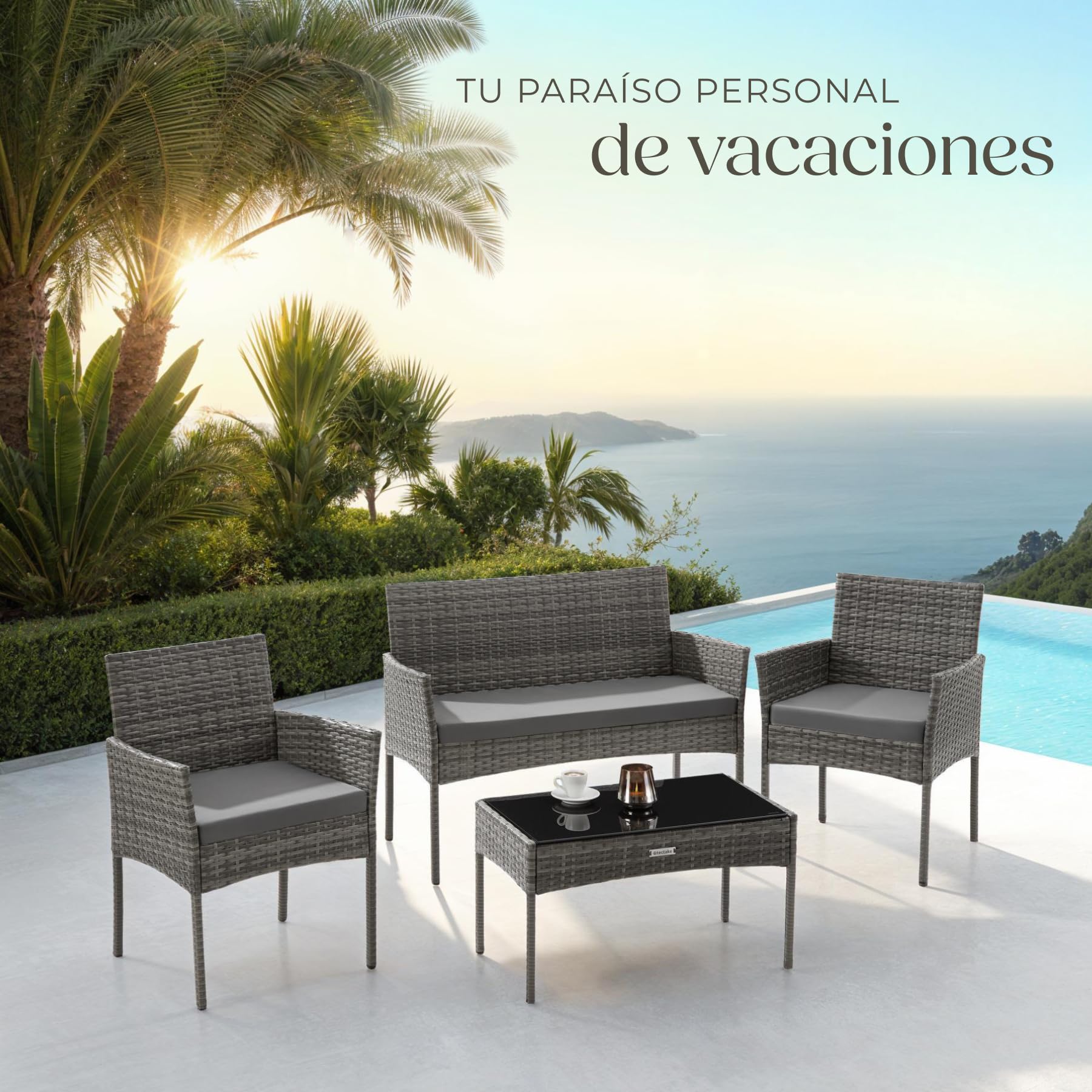 tectake® Conjunto Jardin Exterior de Ratán, Muebles Jardin Exterior para 4 Personas, Muebles Terraza con Mesa de Vidrio, Sofa Exterior y Sillas con Cojines Lavables, Sillon Cómodo - Gris