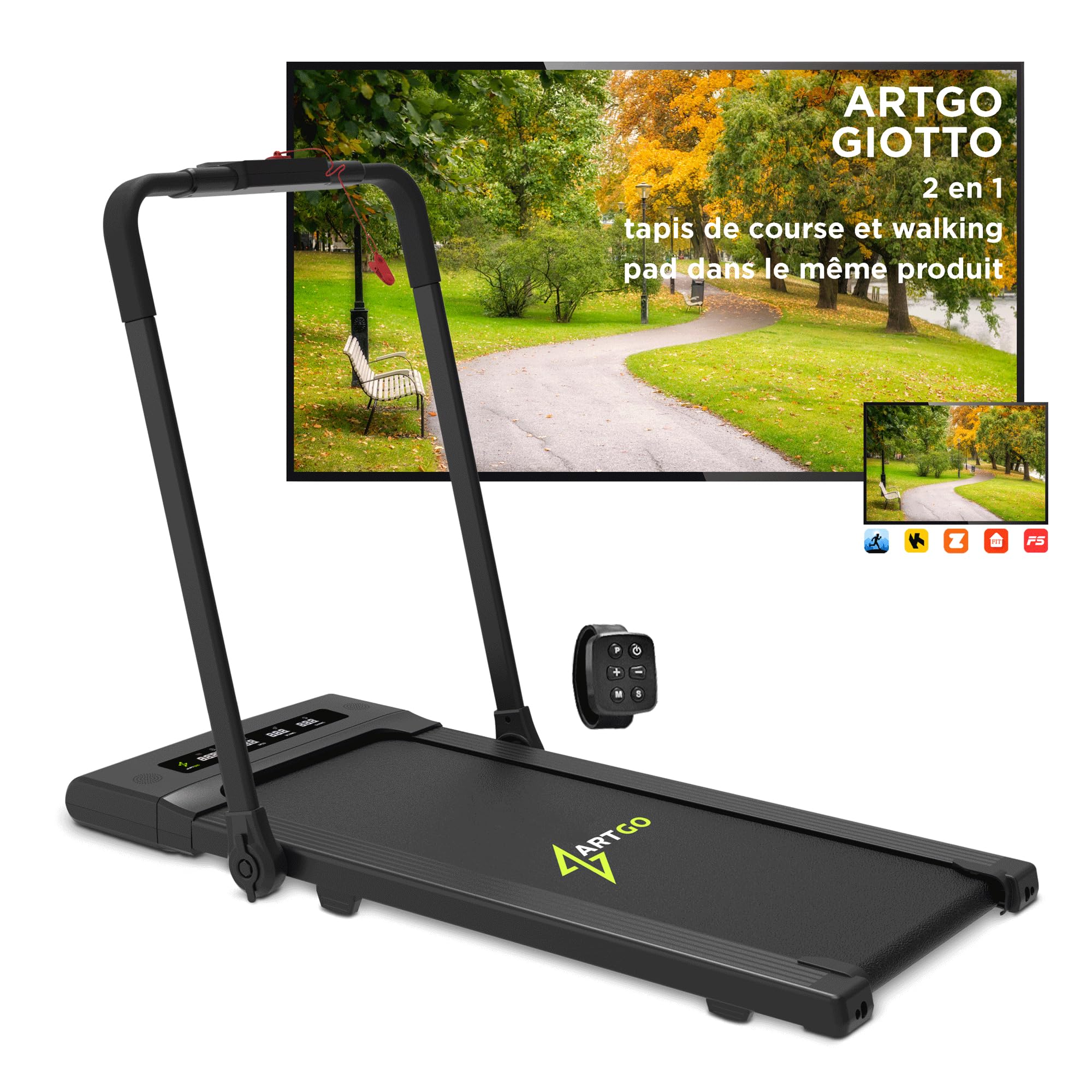 Tapis De Course ArtGo Giotto 2-en-1 – Fin 11 Cm, Bluetooth, Montre Incluse, Compatible Kinomap/Zwift – Marche Et Course Jusqu'à 10 Km/h