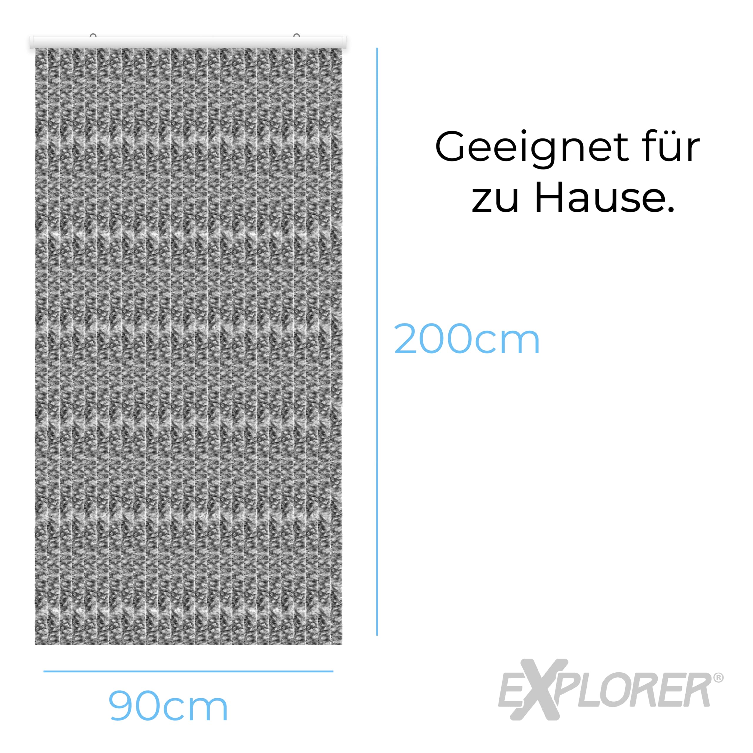 EXPLORER® Flauschvorhang 90x200 cm Wohnwagen Türvorhang für Wohnmobil/Balkontür Vorhang aus Chenille als Insektenvorhang Flausch Fliegenvorhang Camping Terrassen Tür Fliegenschutz Silver/White