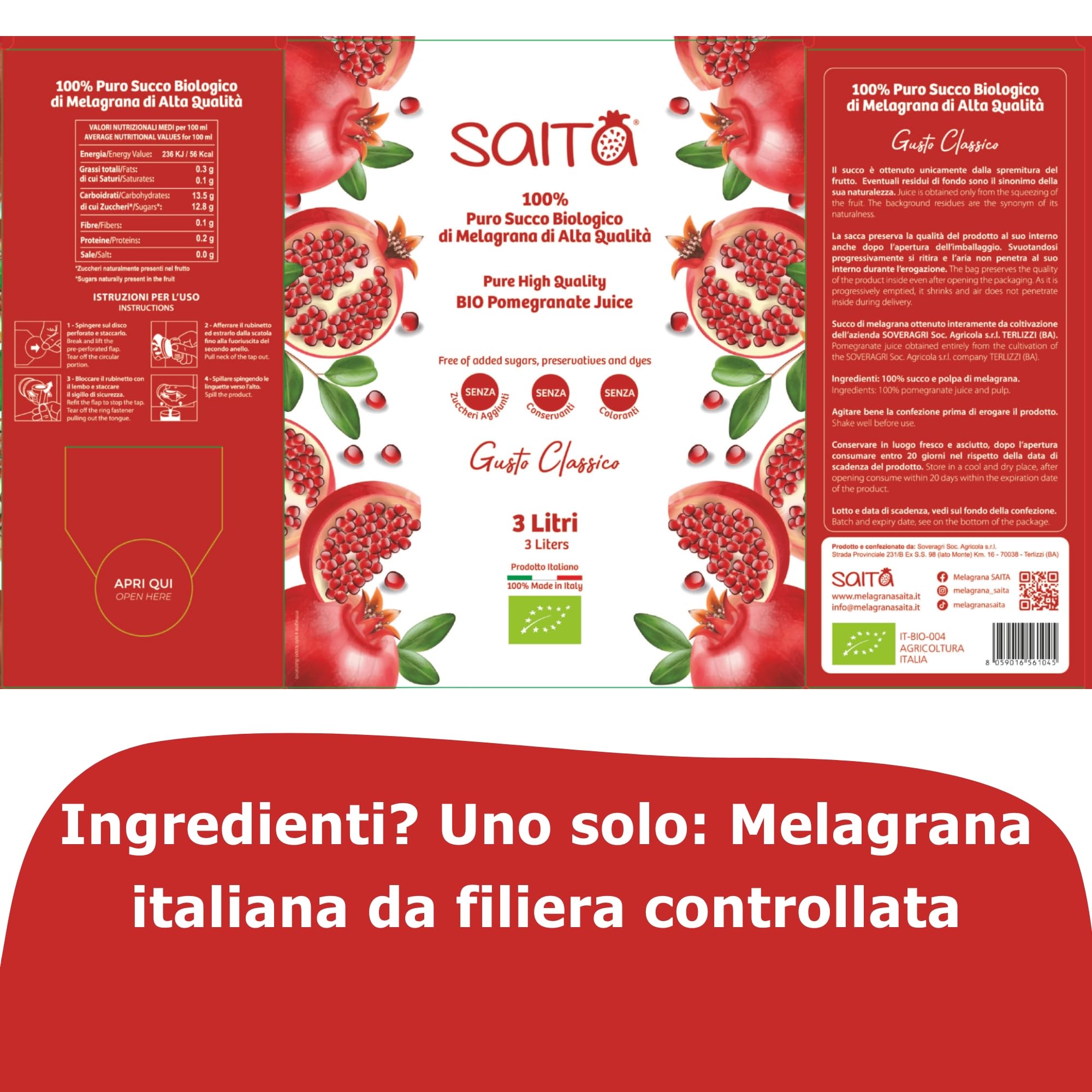 Saita Succo di Melograno 100% Puro Biologico, Succo di Frutta Senza Zuccheri Aggiunti, Vitamina C Naturale, Vegan Superfood Detox, Bag in Box 3 l, Classico, Made in Italy