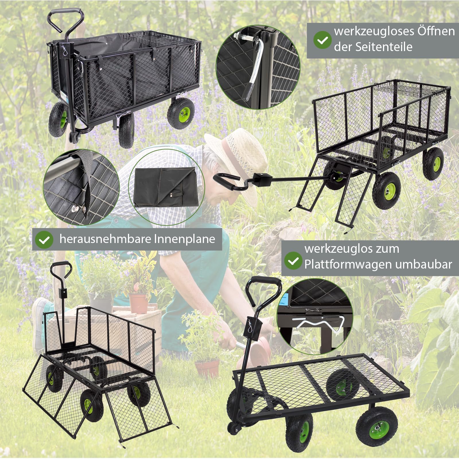 TRUTZHOLM Bollerwagen herausnehmbare Plane bis 550kg belastbar Handwagen Gitterwagen Gartenwagen Transportwagen | mit Rasentraktorkupplung an der Deichsel oder Handgriff gepolstert