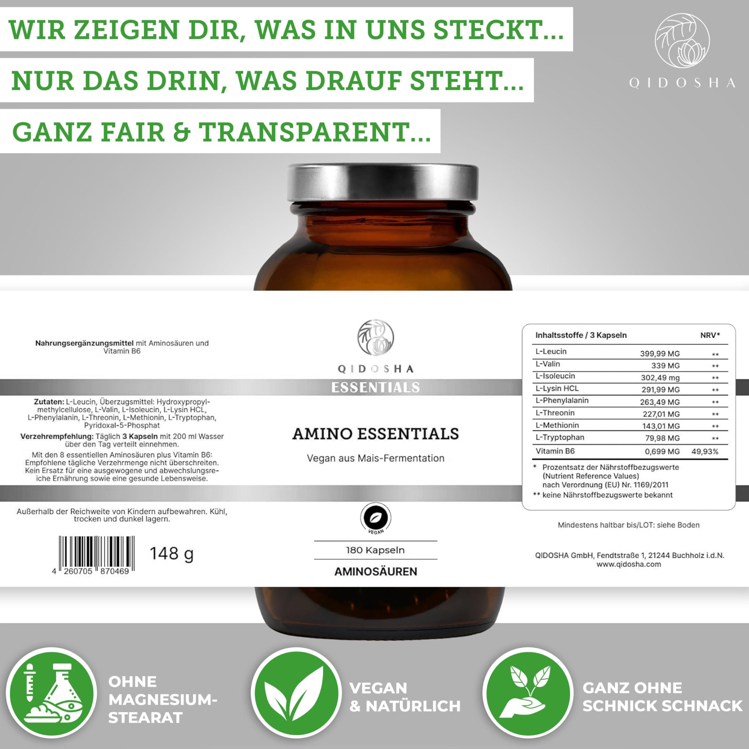 QIDOSHA® Master Aminosäuren Komplex KAPSELN, Rezeptur nach Dr. Moretti, 180 Stk/Glas, mit 99% Netto-Stickstoffverwertung, 8 essenzielle Aminosäuren, 100% vegan, EAA Pattern