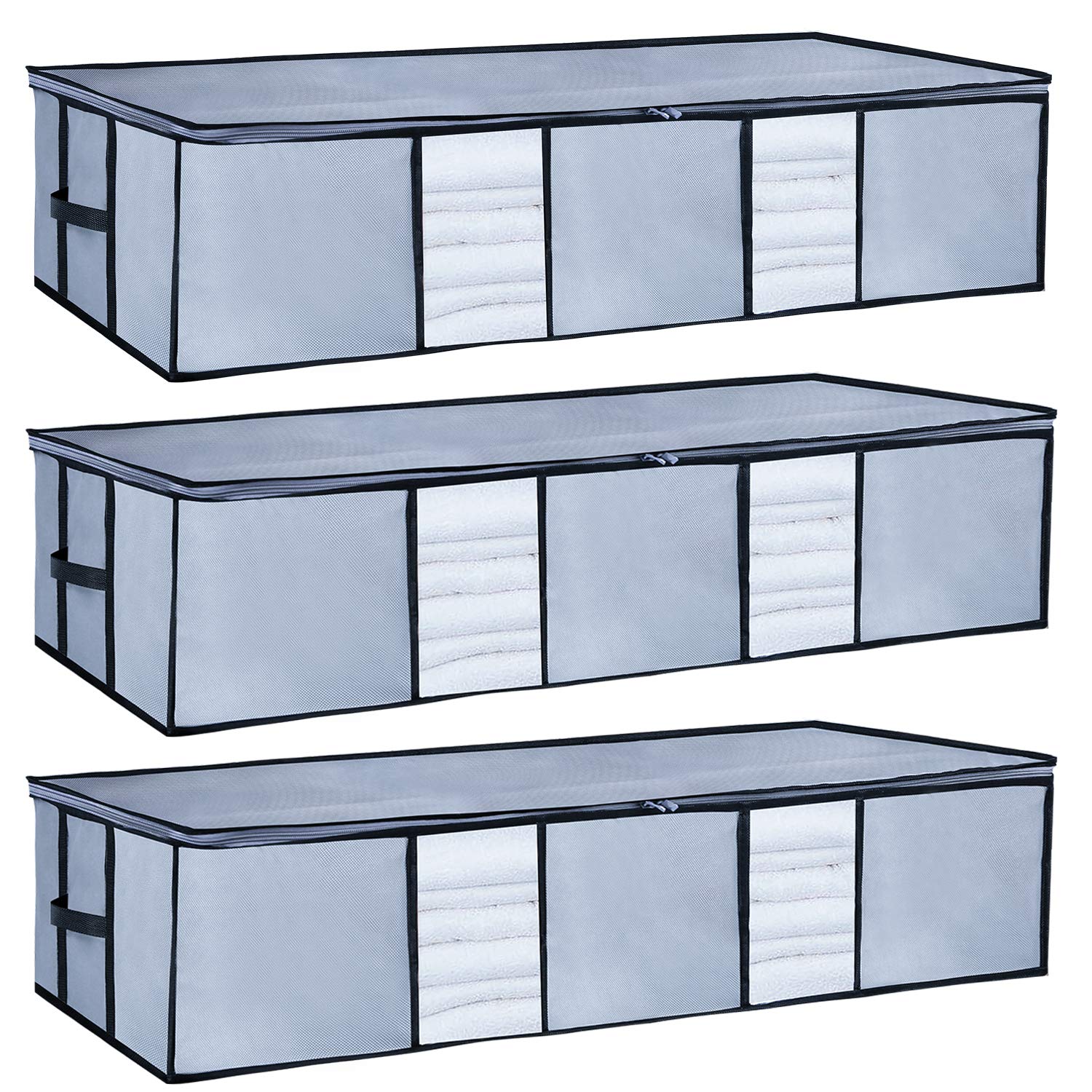 Seckon Underbed Storage Bags Organizer Container[3Pack] with Strengthened Handles Large Space Saver Comforters Foldable Storage Bags Breathable with Clear Window