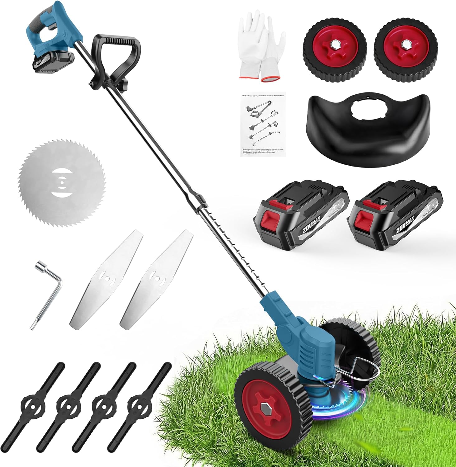 MGYM Cordless Weed Wacker, 20V Electric String Trimmer with 2x2.0Ah Batteries and Charger, Adjustable Pole Weed Wacker with Wheel for Lawn, Yard, Garden Grass Cutter(Blue)