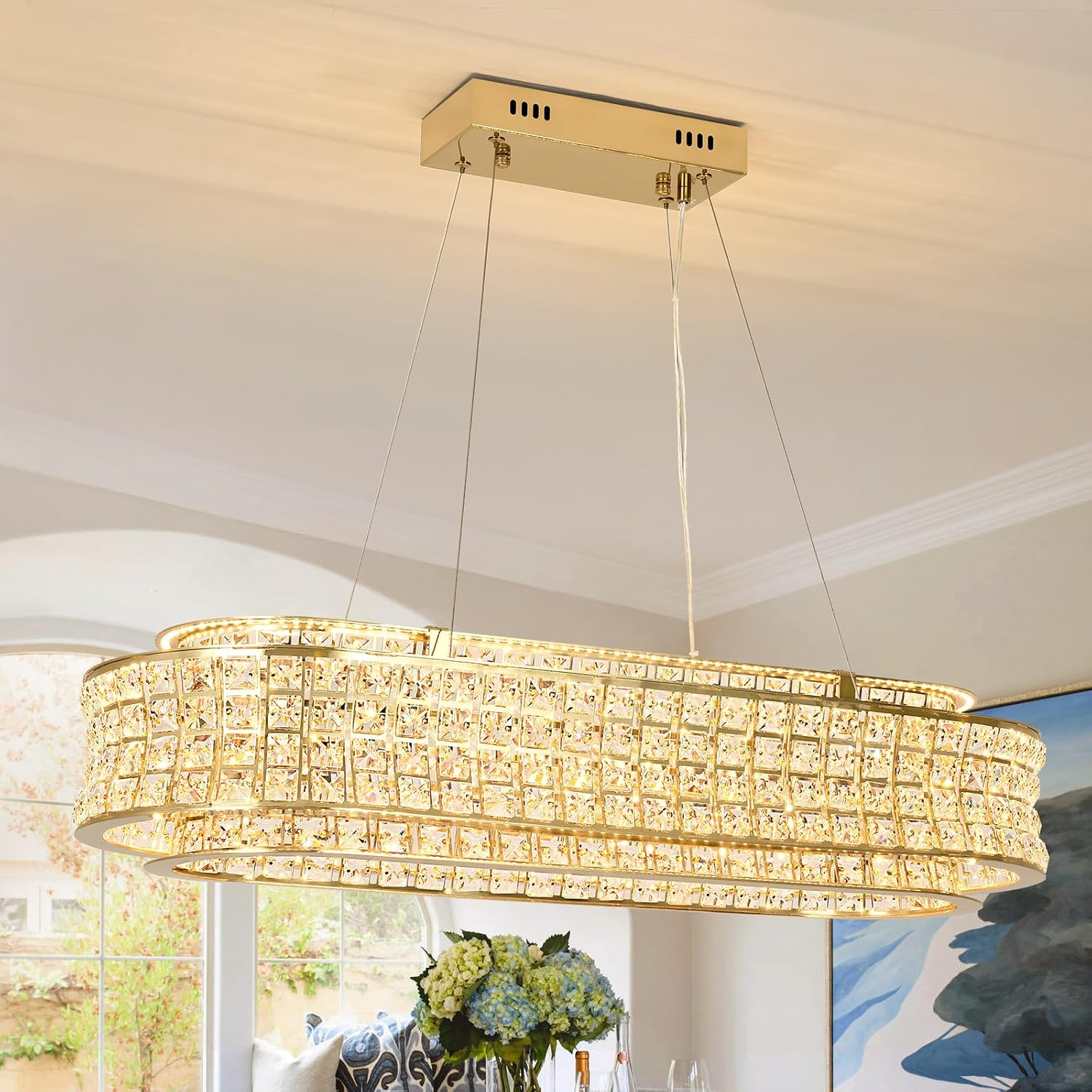 Modern Crystal Chandelier Gold Oval LED Pendant Lights Adjustable Gold Pendant Lights for Hallway Living Room Dining Room 80x35cm [Energy Class A]