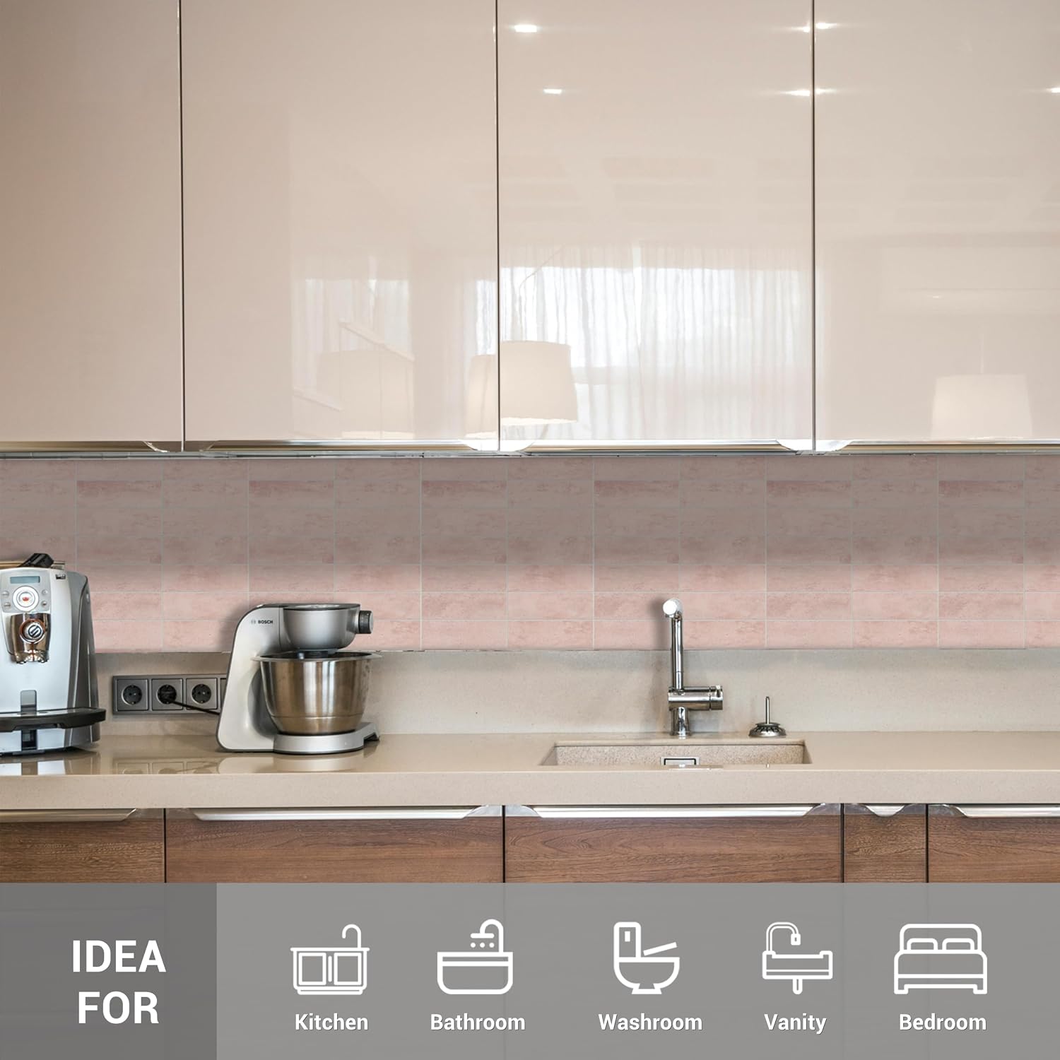 Blush Pink Peel and Stick Backsplash, 6-Sheet Spanish Handmade Glossy Wall Tiles with Marble Finish, Self Adhesive Tile for Kitchen (12" × 12", 6 sq.ft)
