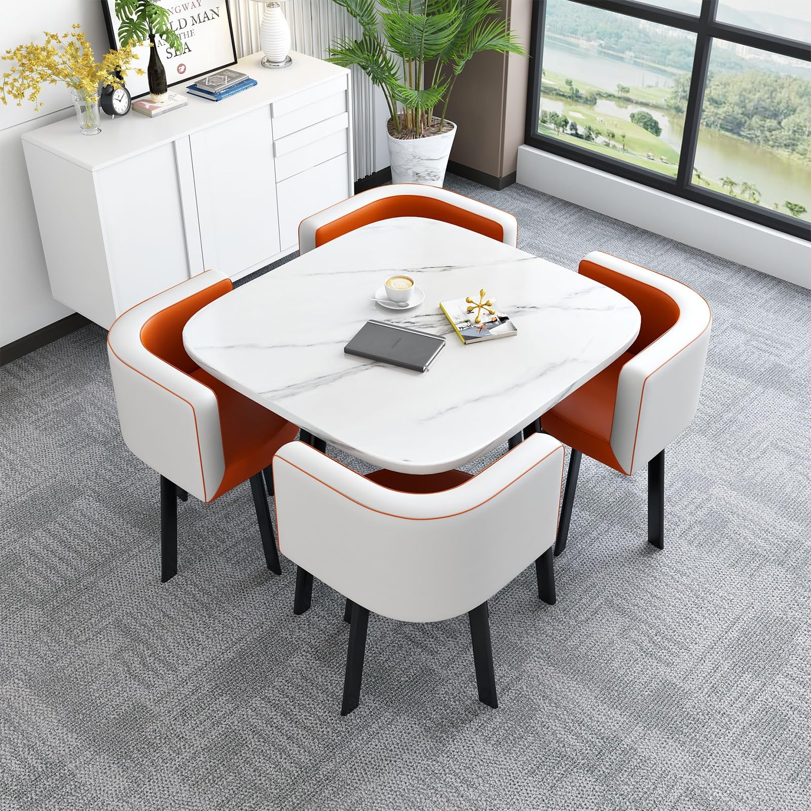 Set da conferenza quadrato per 4 persone con 4 sedie, arredamento moderno e compatto per cucina, sala da pranzo, ufficio, reception, lounge e trattative commerciali (arancione e bianco)