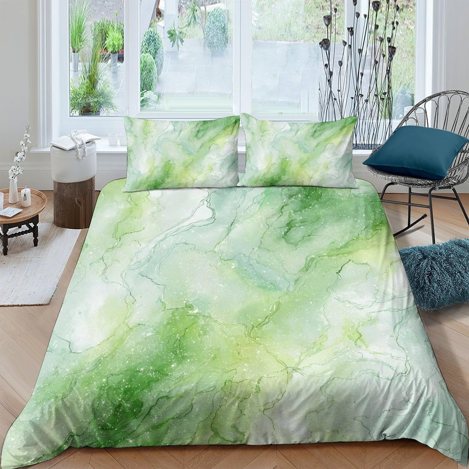 GPLZQXKJNH 3D Printed Watercolor Green Forest Duvet Cover Microfiber Soft Breathable Misty Nature Bedding Set with 2 Pillowcases for Bedroom Decor Single（135x200cm）