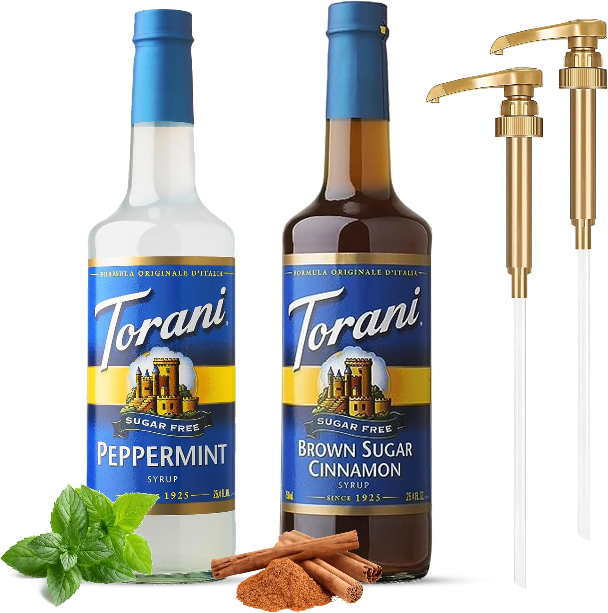 Coffee Syrup Winter Flavors Variety Pack - Sugar Free Brown Sugar Cinnamon and Peppermint Syrups for Coffee with 2 Jimoco Syrup Pump Dispenser Compatible with 25.4 Ounces Syrup Bottle for Brown Sugar Cinnamon and Peppermint Flavored, Italian Soda, Lattes & Frappes