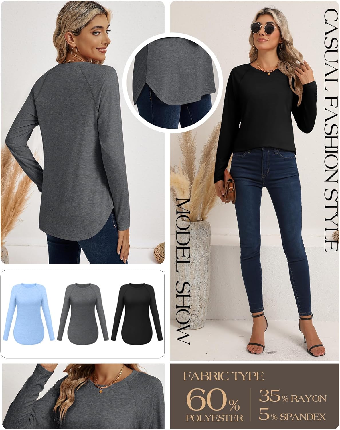 Ficerd 3 Pack Women's Long Sleeve T-Shirts Crew Neck Raglan Sleeve Casual Loose Fit Shirts Side Split Curved Hem Tunic Tops - Image 4