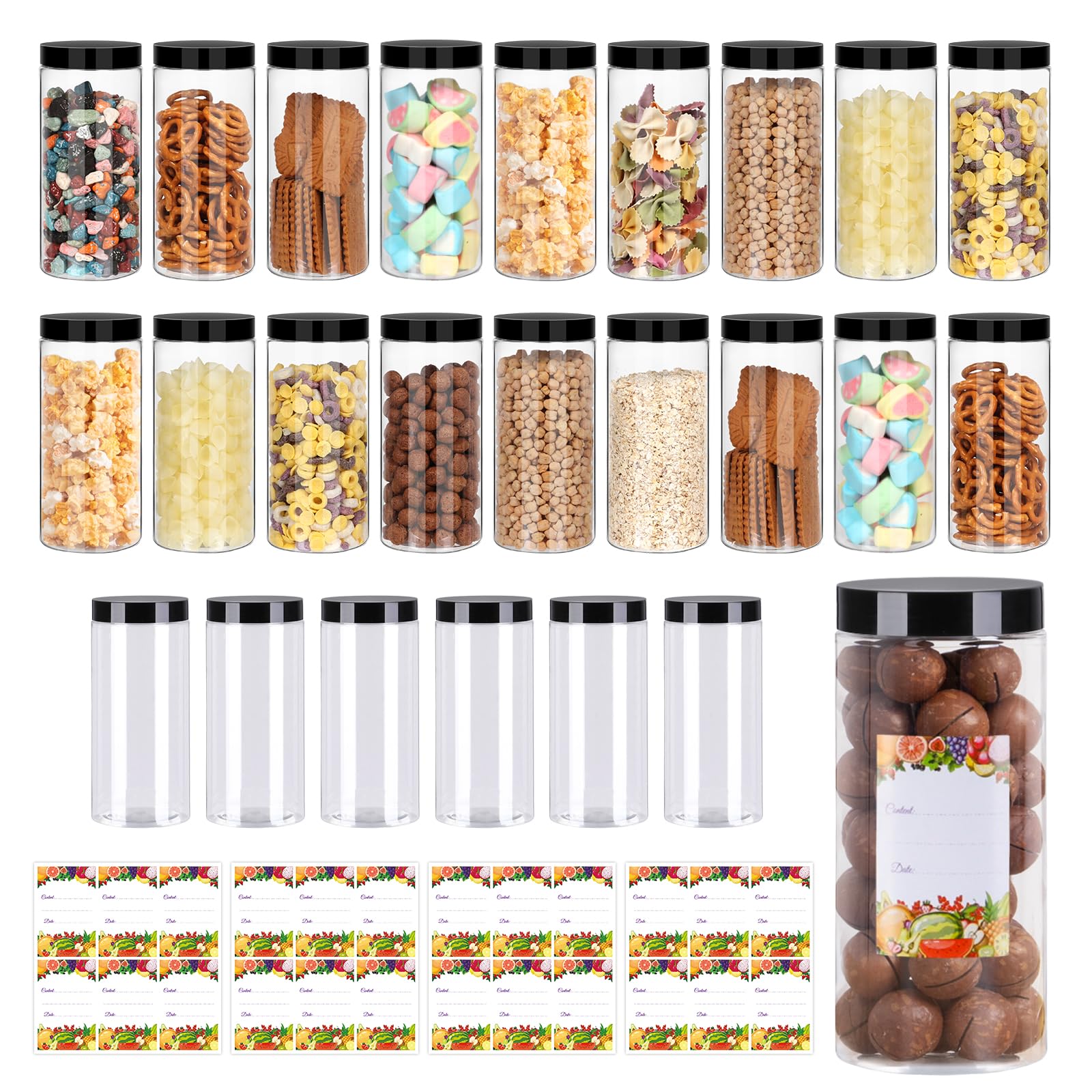 Jaisie.W Plastic Jars with Lids 16 oz 24Pack,Empty Clear Plastic Jars with Lids for Storage, Round Leakproof Containers for Nuts,Cookies,Dried Fruit,