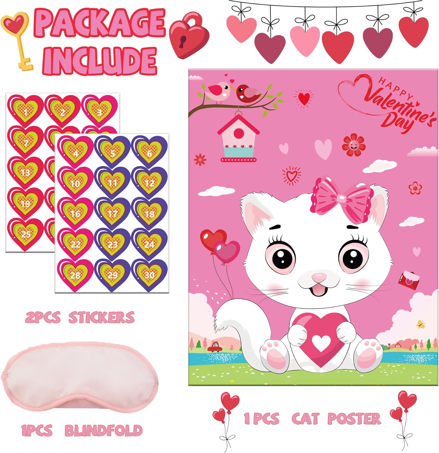 Valentines Games for Kids-Pin The Heart On The Cat-with 30PCS Stickers Valentine Party Activities for Kindergarten Toddler Preschool School Classroom,Holiday Party Favors