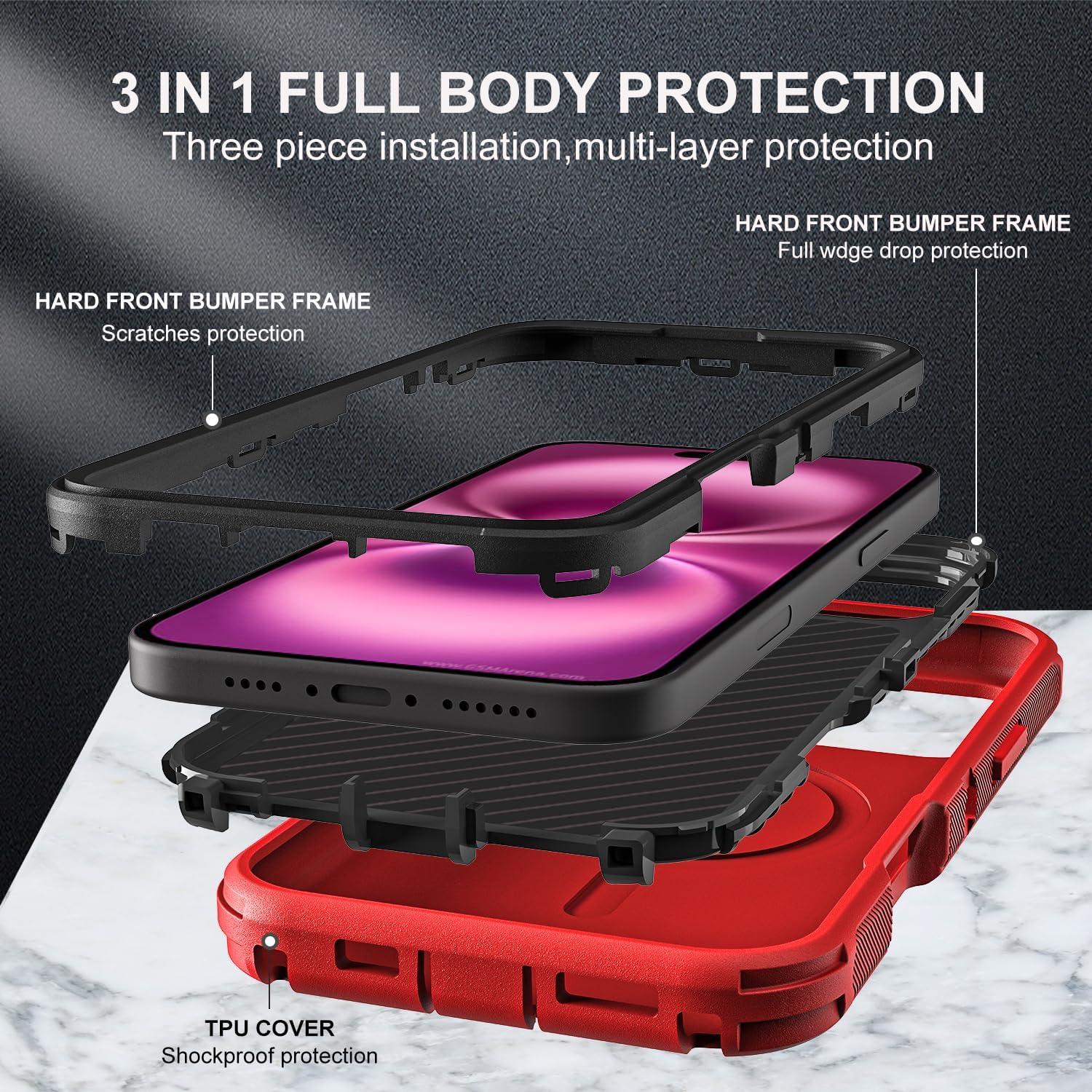 YKHJKLEC for iPhone 16 Plus Case, Military Grade 3 in 1 Heavy Duty Shockproof/Drop Proof/Dust Proof with Kickstand Case, with 2 x Tempered Glass Screen Protector & 1 x Wrist Strap (ZJ-Red/Black)