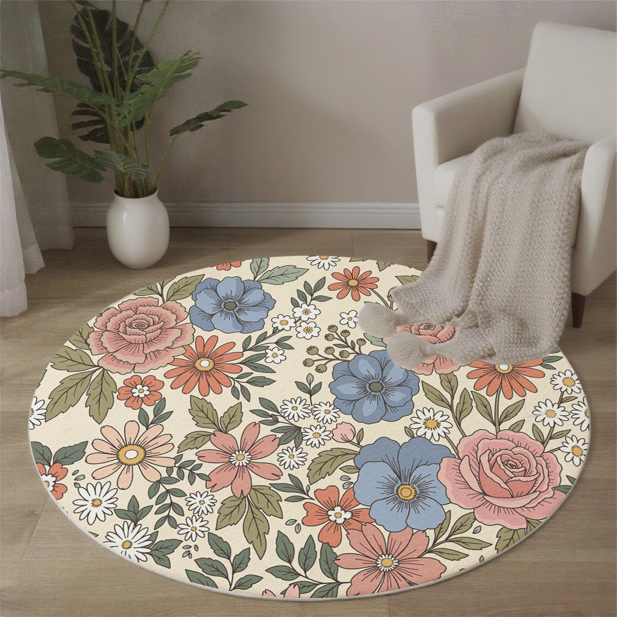 Tapis rond fleurs vintage beige moquette chambre douce