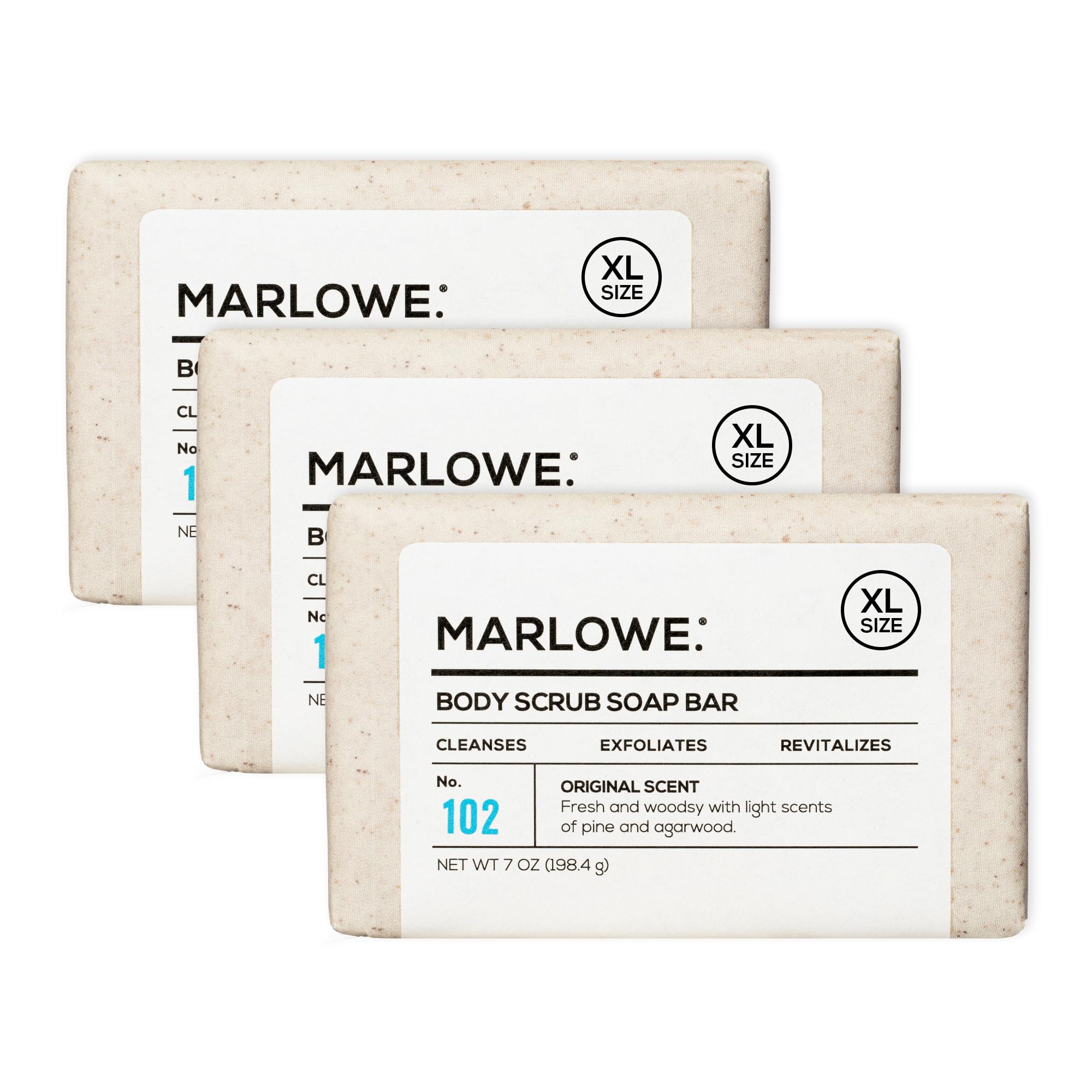 MARLOWE. No. 102 Men's Body Scrub Soap 7 oz (3 Bars) | Best Exfoliating Bar for Men | Made with Natural Ingredients | Green Tea Extract | Amazing Scent 7 Ounce (3 Count)