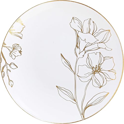 Plasticpro - Platos de fiesta con diseño floral de plástico blanco con borde dorado, platos desechables pesados, elegantes y de alta calidad