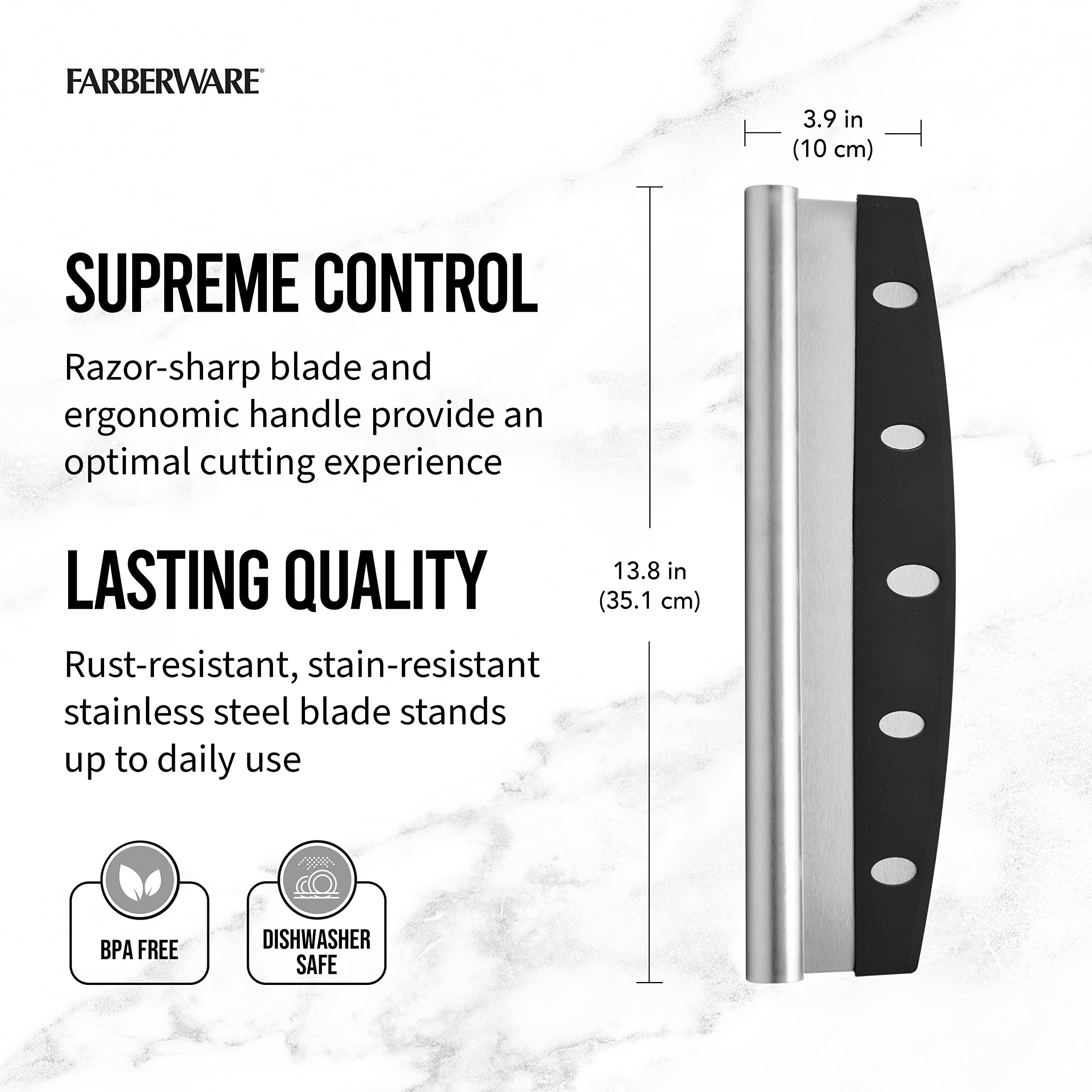 Farberware BBQ Pizza Rocker Cutter to Easily Cut Through Crusts and Desserts with One Motion, Blade Cover Protects Blade When Stored, Dishwasher Safe, 13.75 Inch, Stainless Steel
