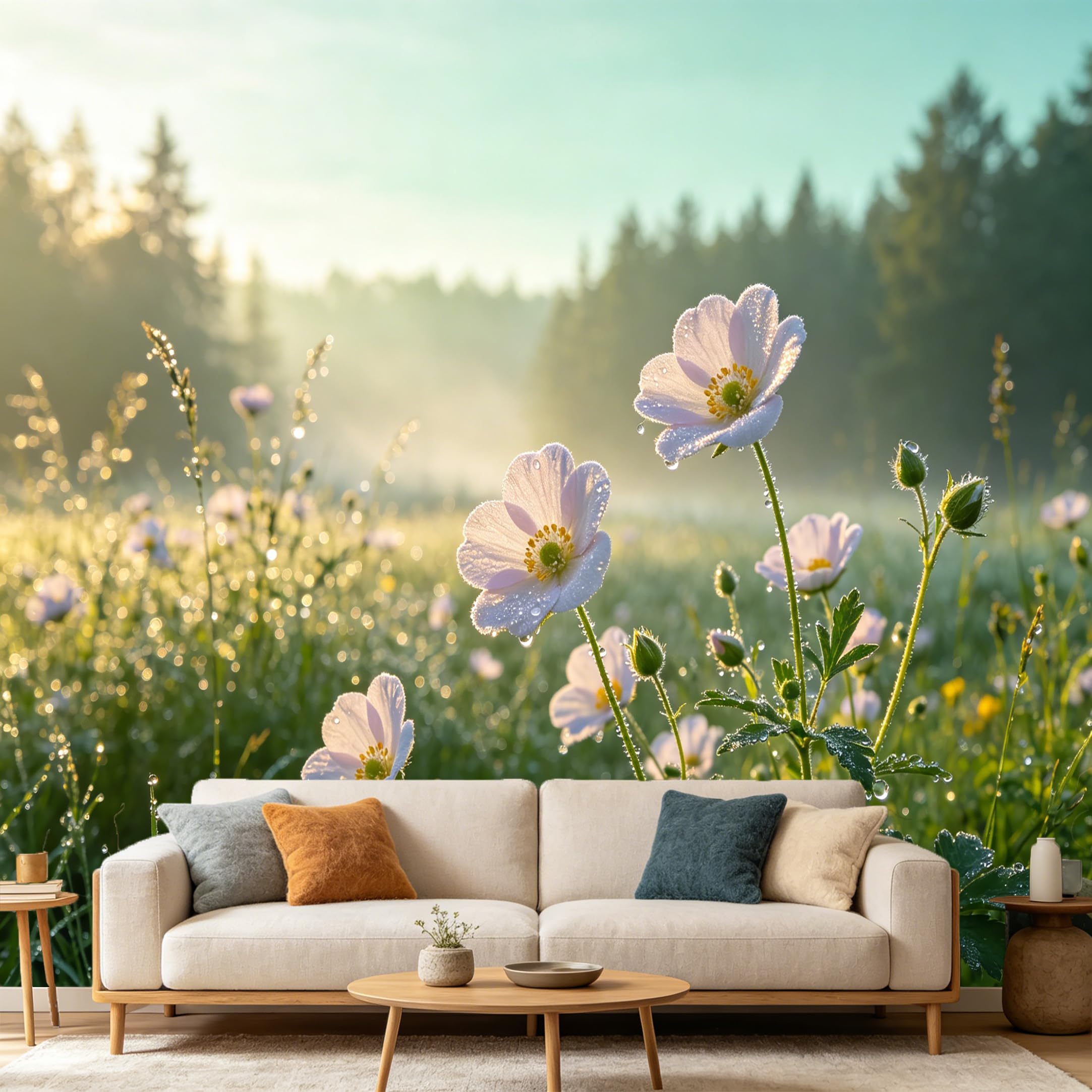 Custom Size Wall Mural， Botanical Morning Dew White Anemone Flower Landscape Forest Sunbeams， SelfAdhesive Art Prints wall Fabric Removable Large Wallpaper Home Living Room Decor